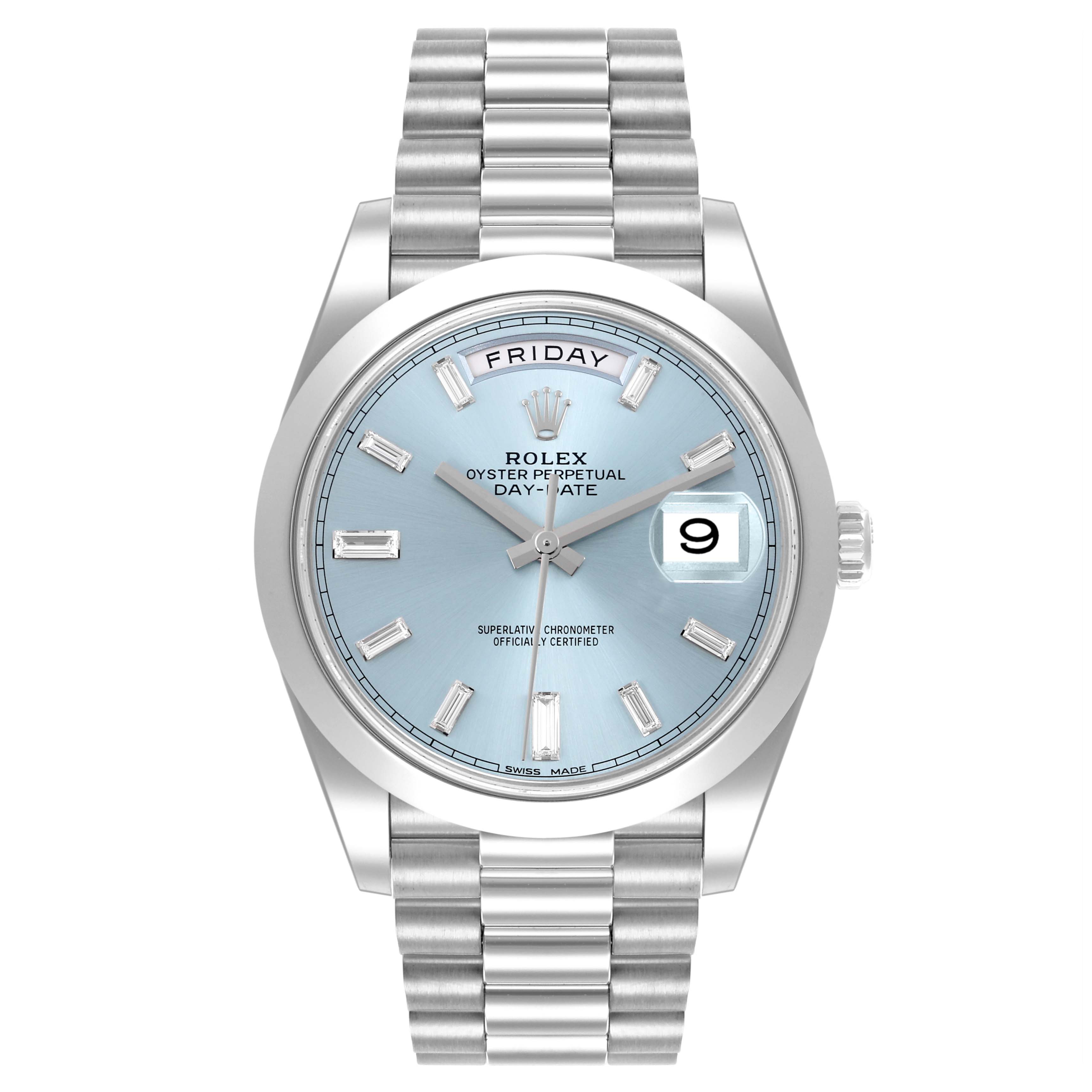 The Rolex President 228206 Men's Platinum Blue Dial 228206 Men's Platinum Blue Dial model watch is shown from the front, displaying the dial, bezel, hands, day, date, and bracelet.