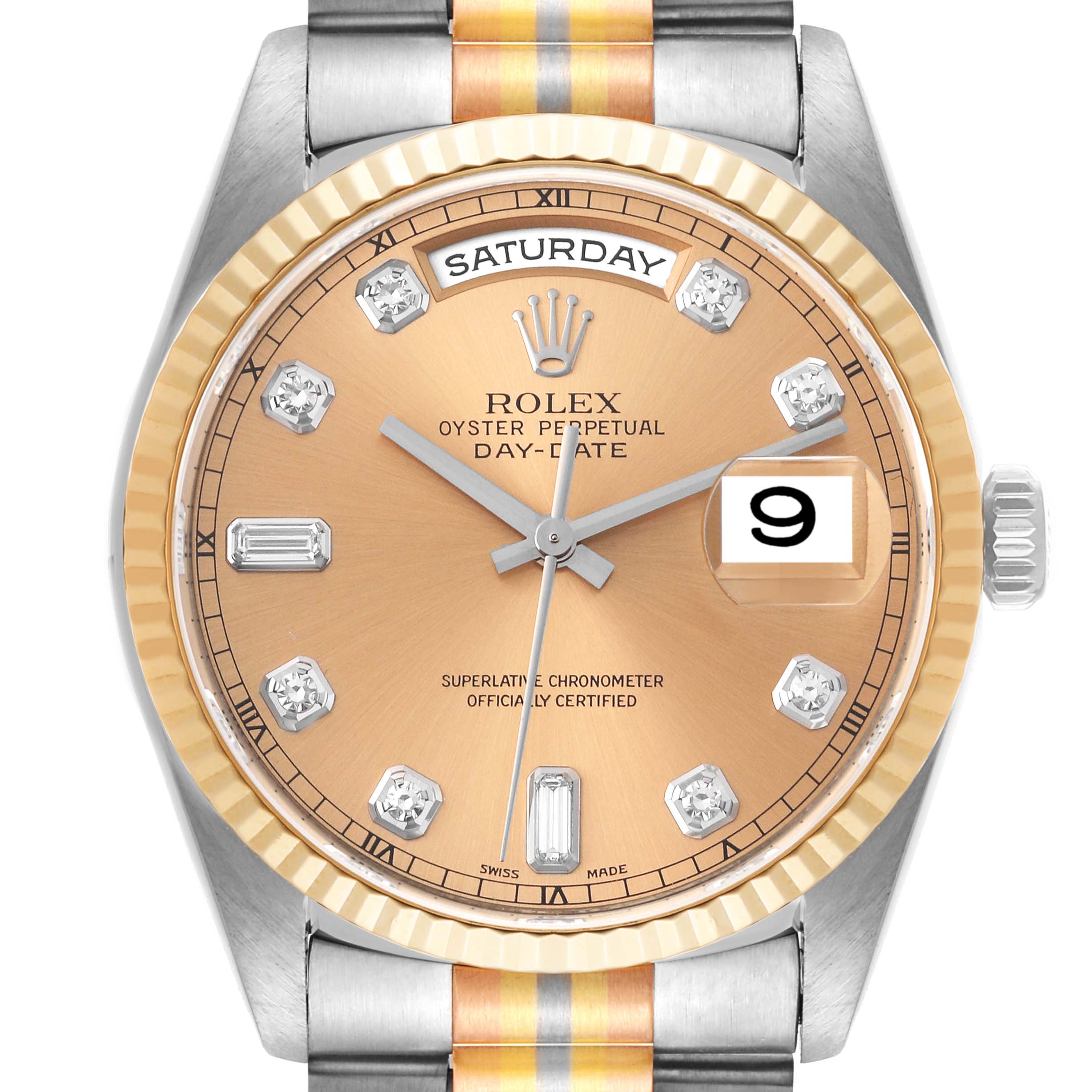 Rolex President Day Date Tridor White Yellow Rose Gold Diamond