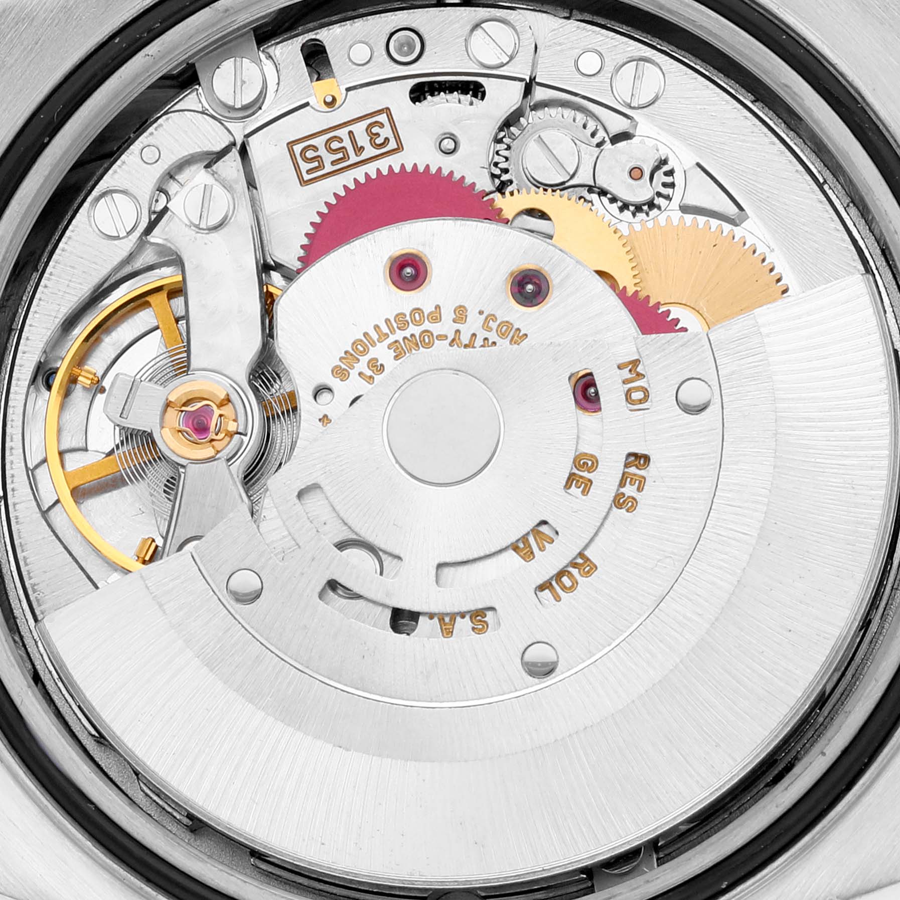 This image shows the inner mechanical movement of a Rolex President 18239 Men's White Gold Champagne Dial 18239 Men's White Gold Champagne Dial model watch, highlighting gears and components.