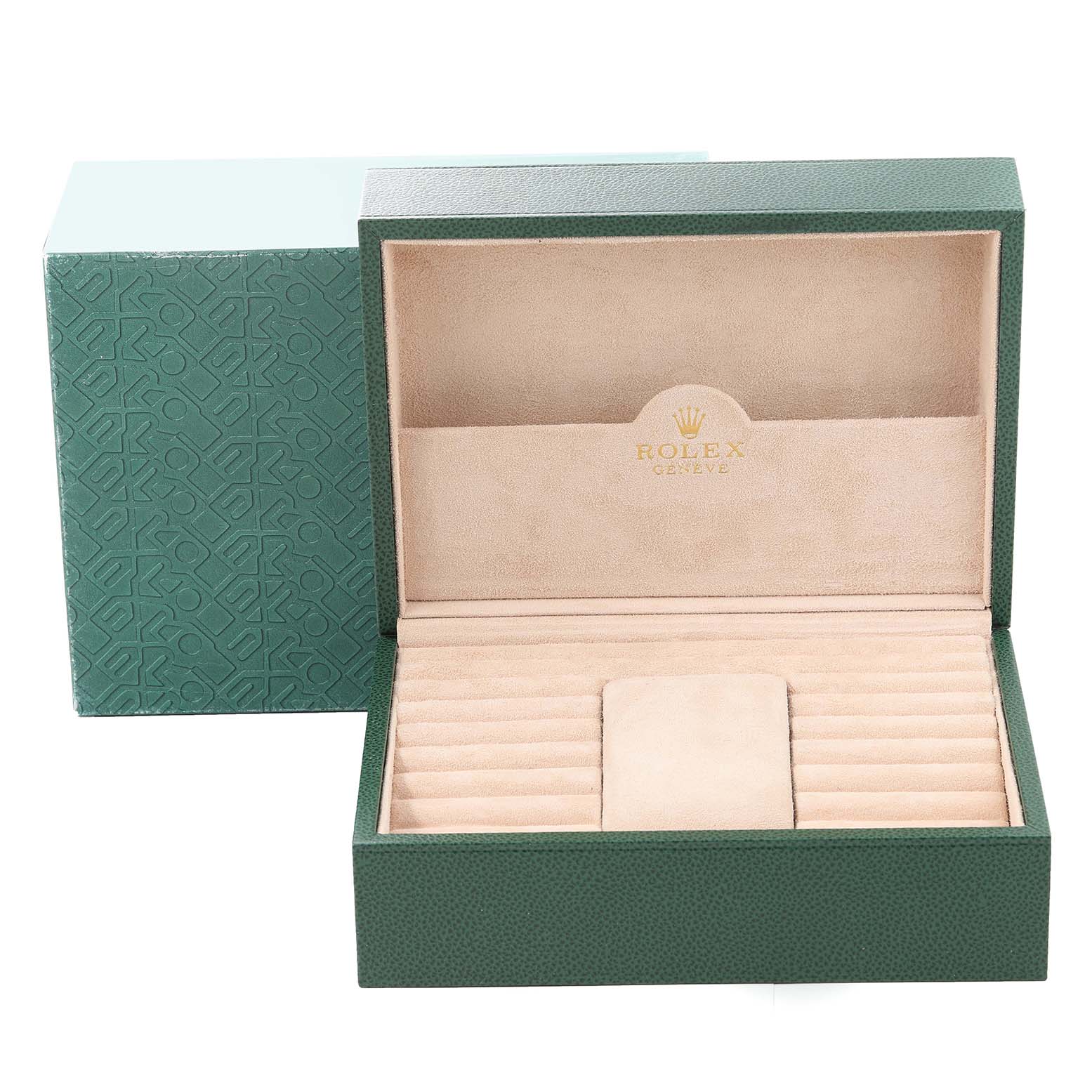 The image shows an open green Rolex President 18239 Men's White Gold Champagne Dial 18239 Men's White Gold Champagne Dial watch box with a beige interior, designed for the President model by Rolex.