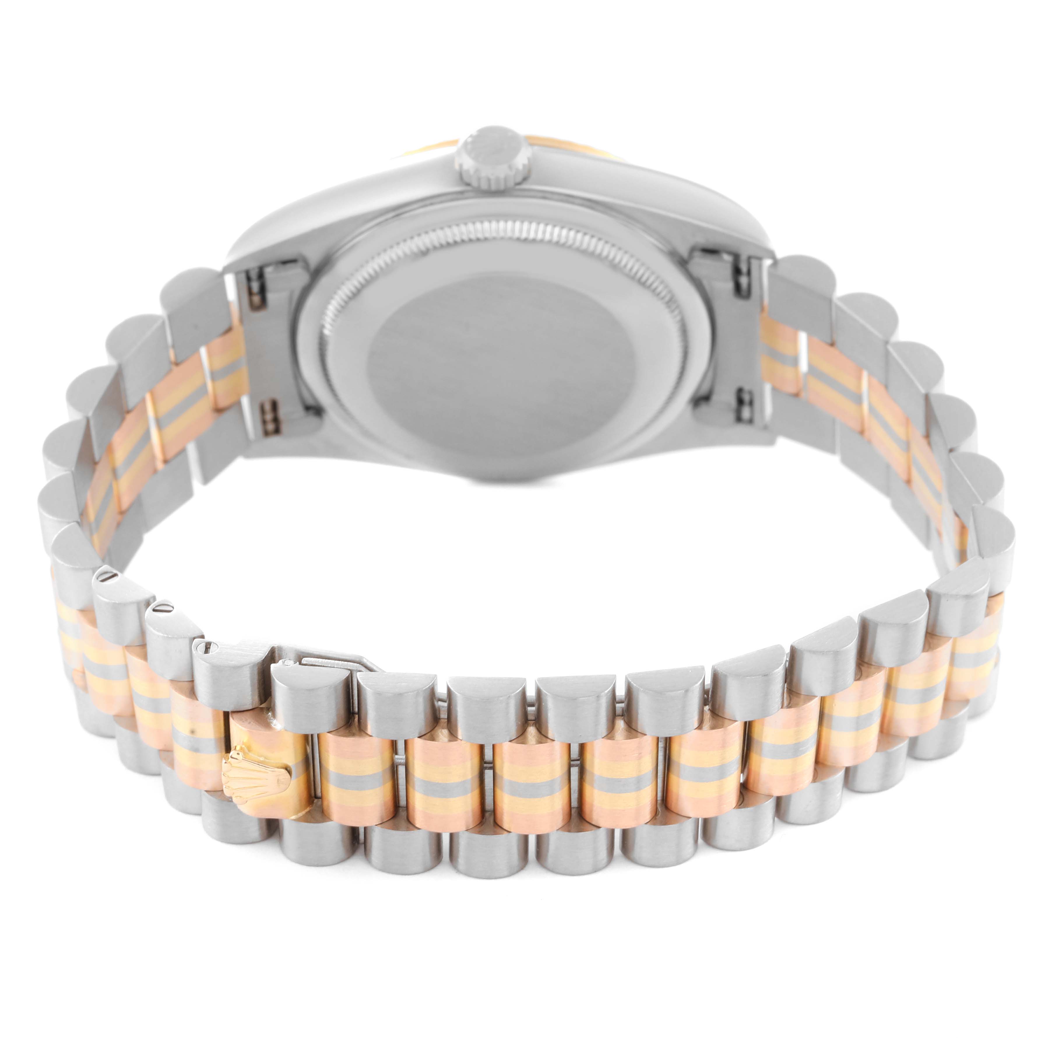 The image shows the back view of a Rolex President 18239 Men's White Gold Champagne Dial 18239 Men's White Gold Champagne Dial model watch, highlighting its case back and two-tone bracelet.