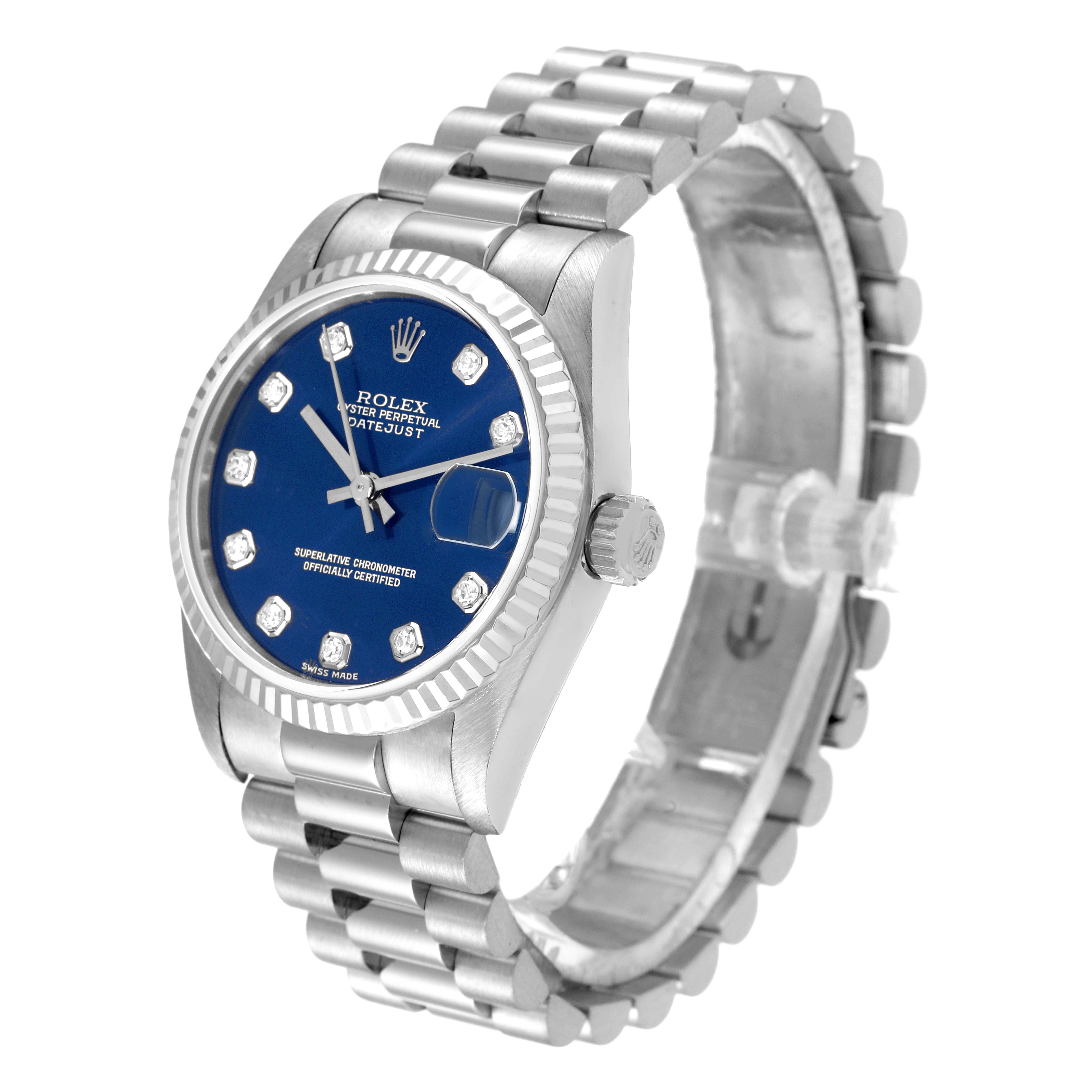 The Rolex President 78279 Women's White Gold Blue Dial 78279 Women's White Gold Blue Dial model watch is shown at a three-quarter angle, displaying its blue dial, diamond markers, and metal bracelet.