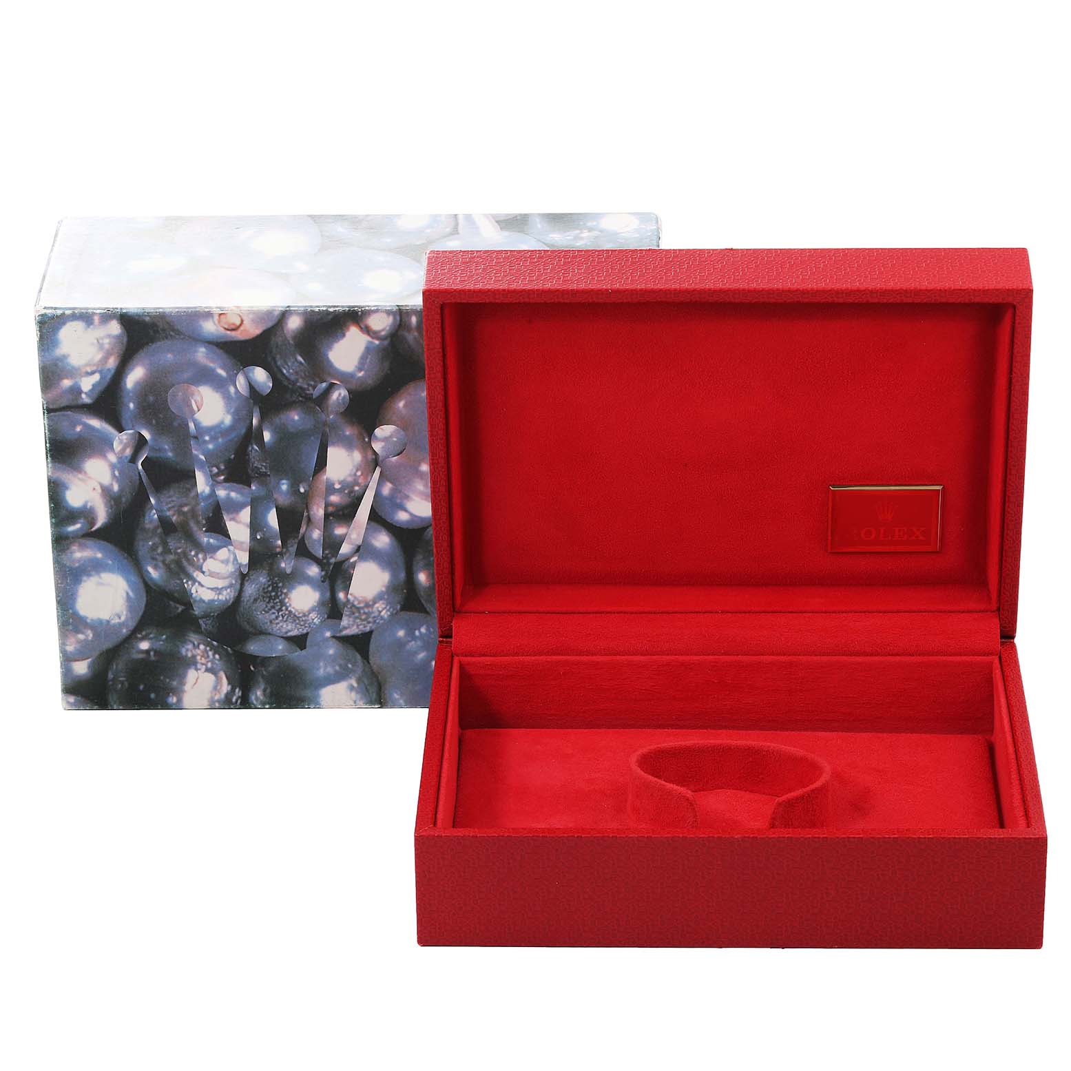 The image shows a Rolex President 78279 Women's White Gold Blue Dial 78279 Women's White Gold Blue Dial model watch's open red velvet box and an outer box with a glossy design.