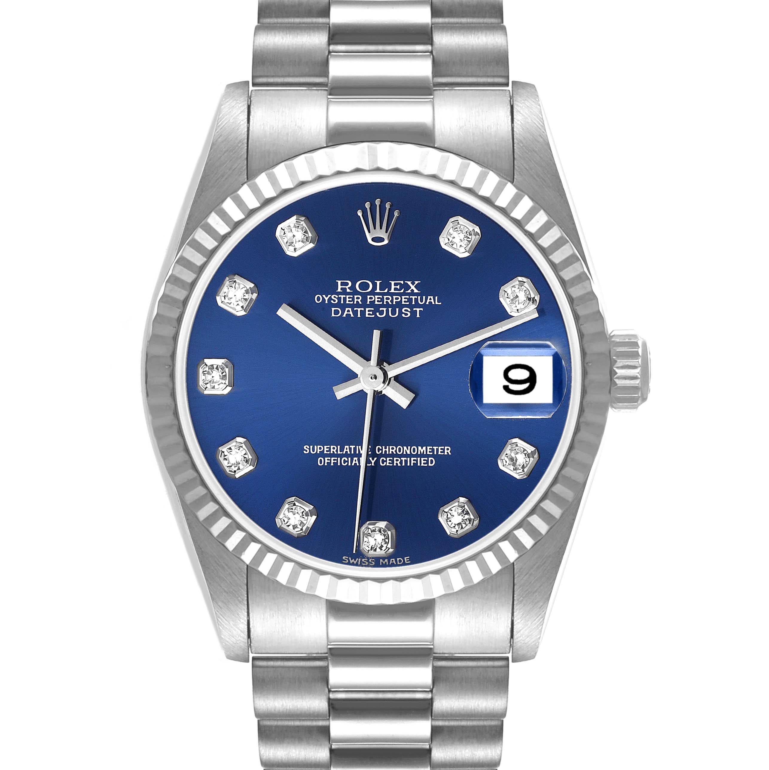 The image shows a frontal view of a Rolex President 78279 Women's White Gold Blue Dial 78279 Women's White Gold Blue Dial model watch, highlighting its blue dial, date display, and metal bracelet.