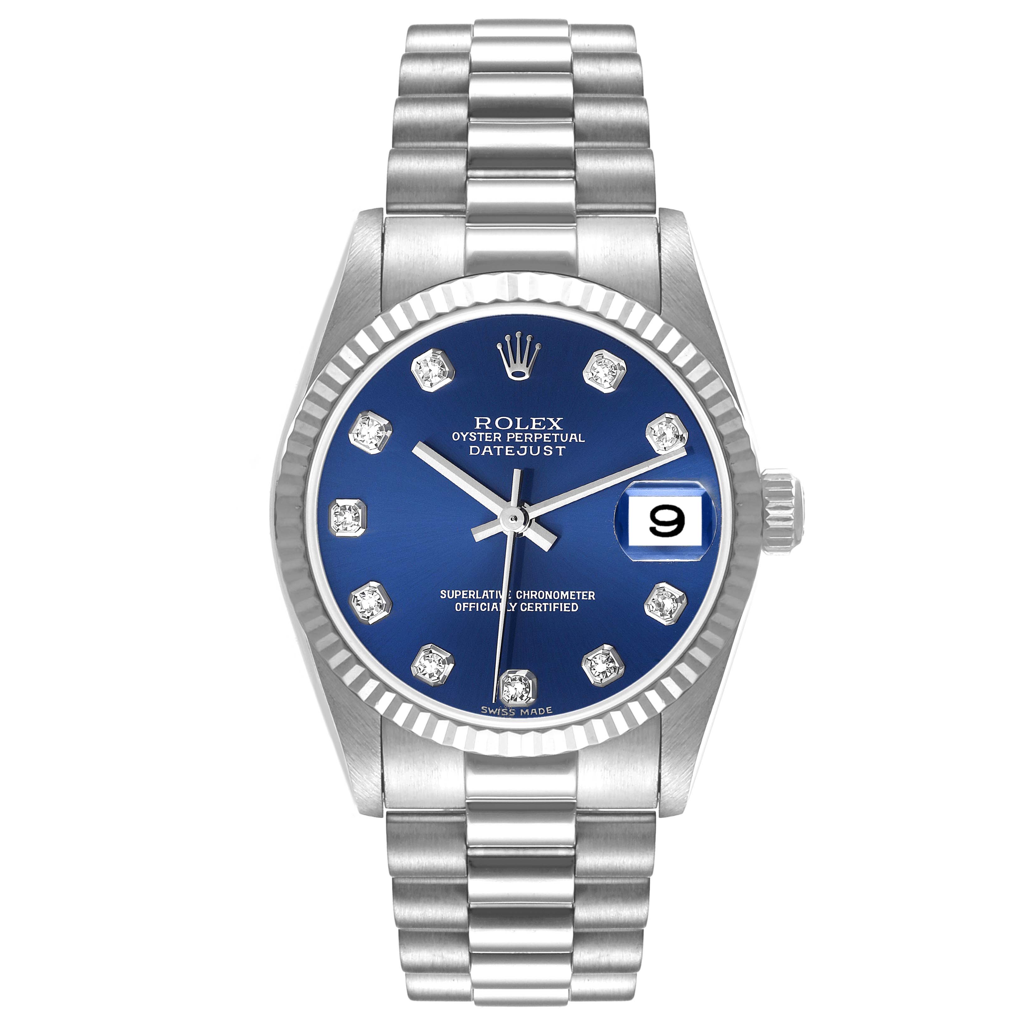 The image shows a front view of a Rolex President 78279 Women's White Gold Blue Dial 78279 Women's White Gold Blue Dial model watch, highlighting its blue dial, date display, and metal bracelet.