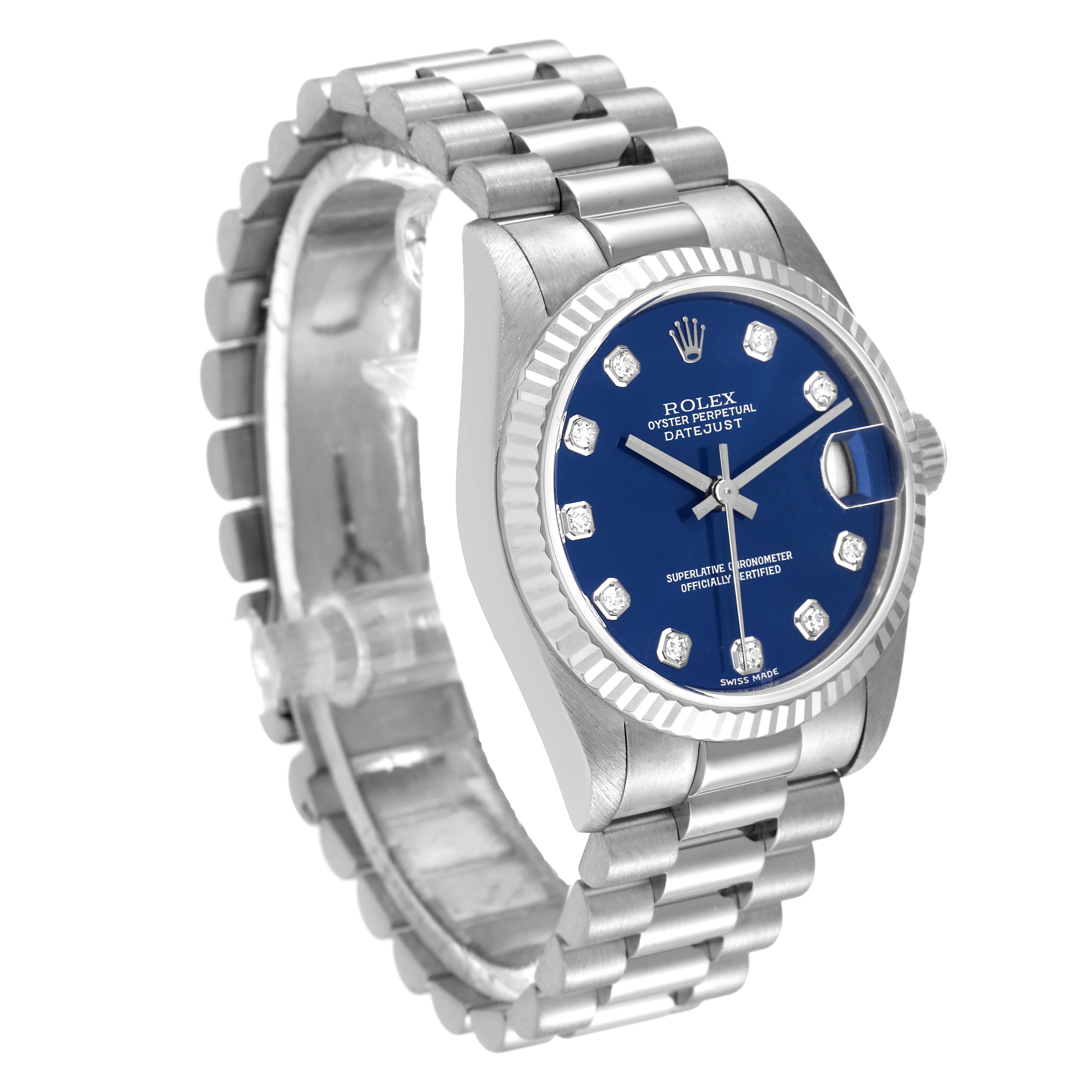 The Rolex President 78279 Women's White Gold Blue Dial 78279 Women's White Gold Blue Dial model watch is shown at an angle, highlighting its bracelet, blue dial, and diamond markers.