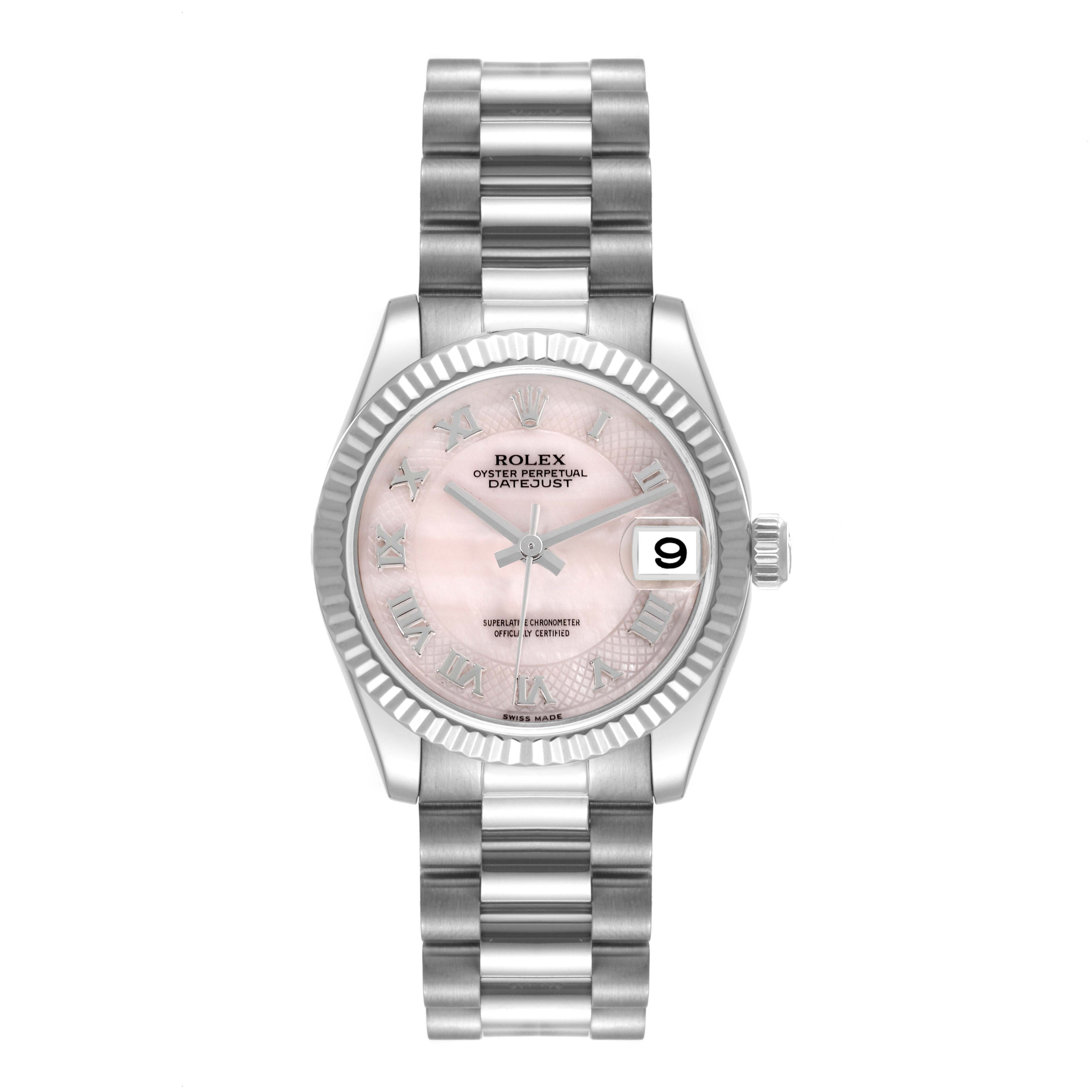 The Rolex President 178279 Women's White Gold Mother of Pearl Dial 178279 Women's White Gold Mother of Pearl Dial watch is shown from the front, displaying the bracelet, case, dial, and date window.