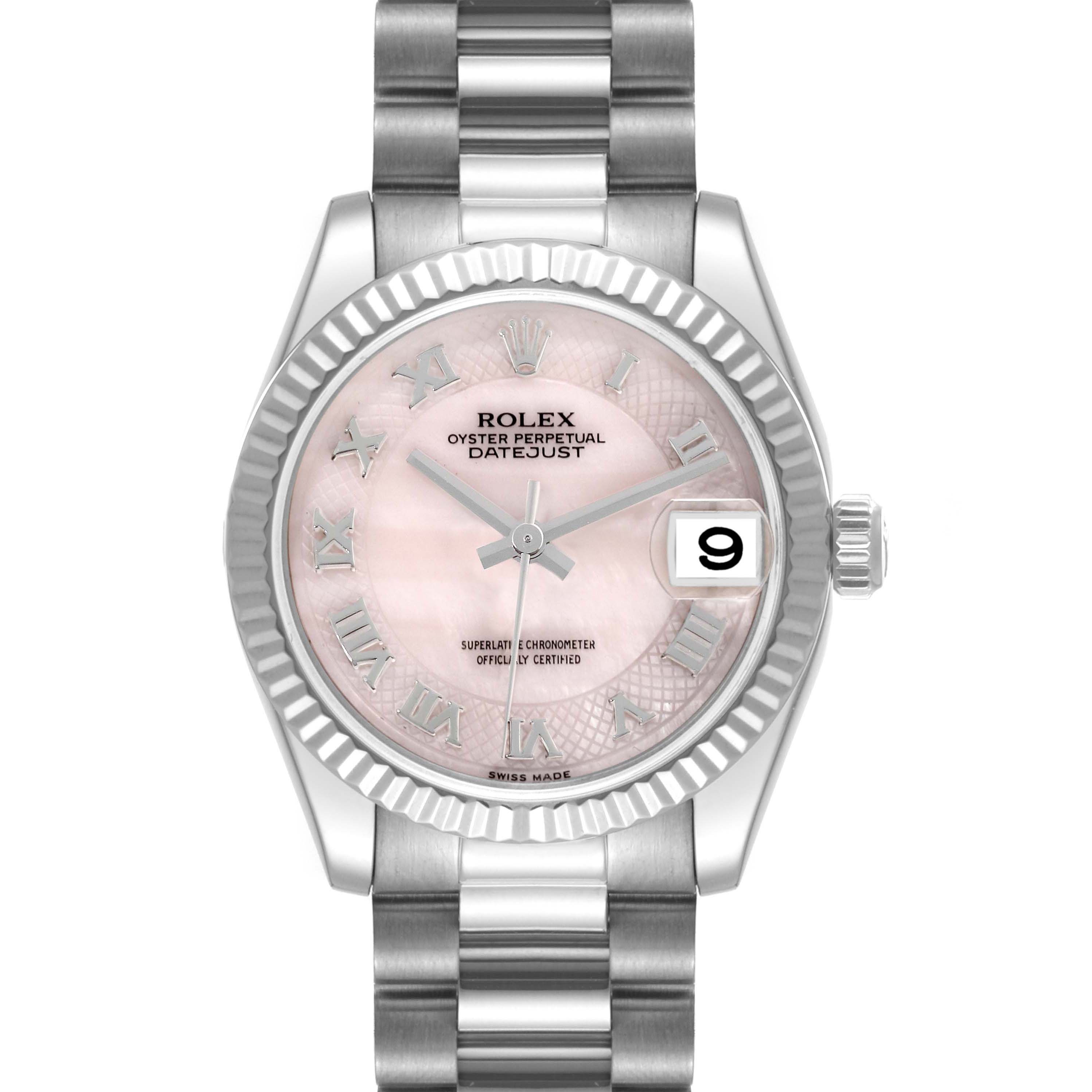 The Rolex President 178279 Women's White Gold Mother of Pearl Dial 178279 Women's White Gold Mother of Pearl Dial model is shown in front view, displaying its bracelet, dial, date window, and bezel.