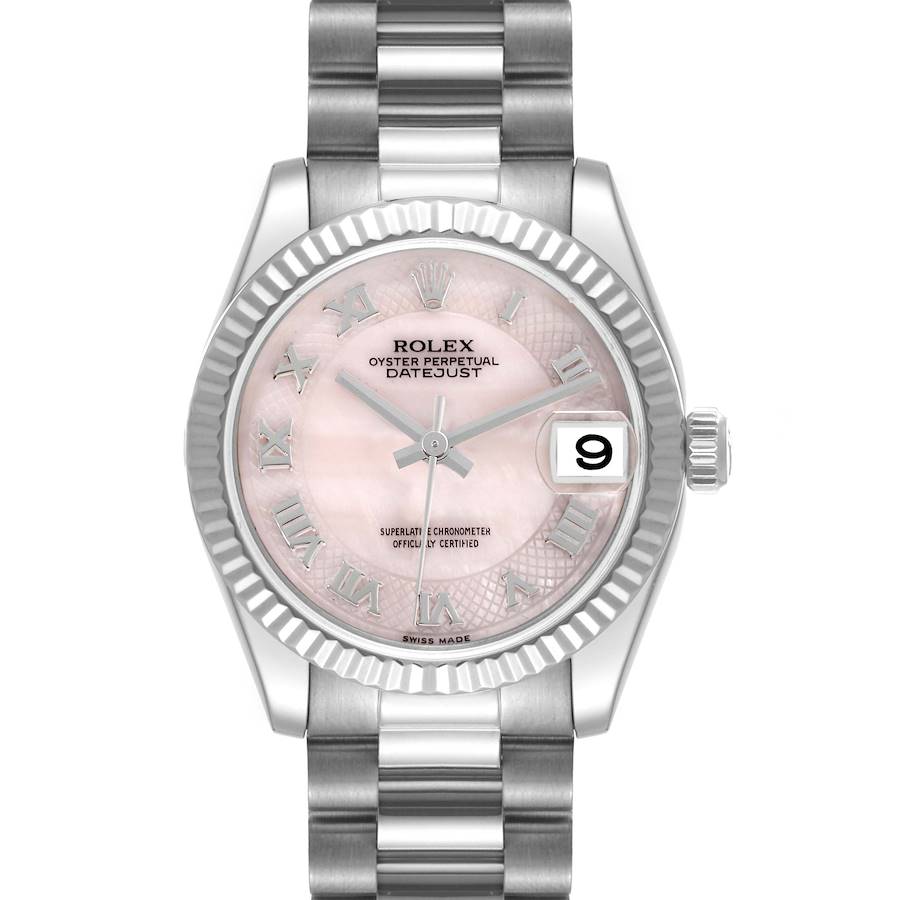 The Rolex President model is shown in front view, displaying its bracelet, dial, date window, and bezel.