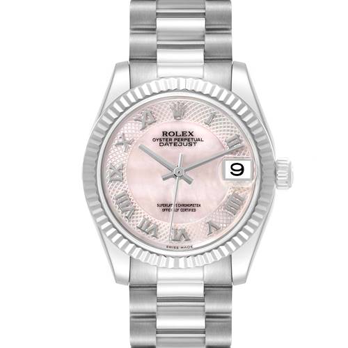 The Rolex President 178279 Women's White Gold Mother of Pearl Dial model is shown from a straight-on angle, highlighting the face, bezel, bracelet, and crown.