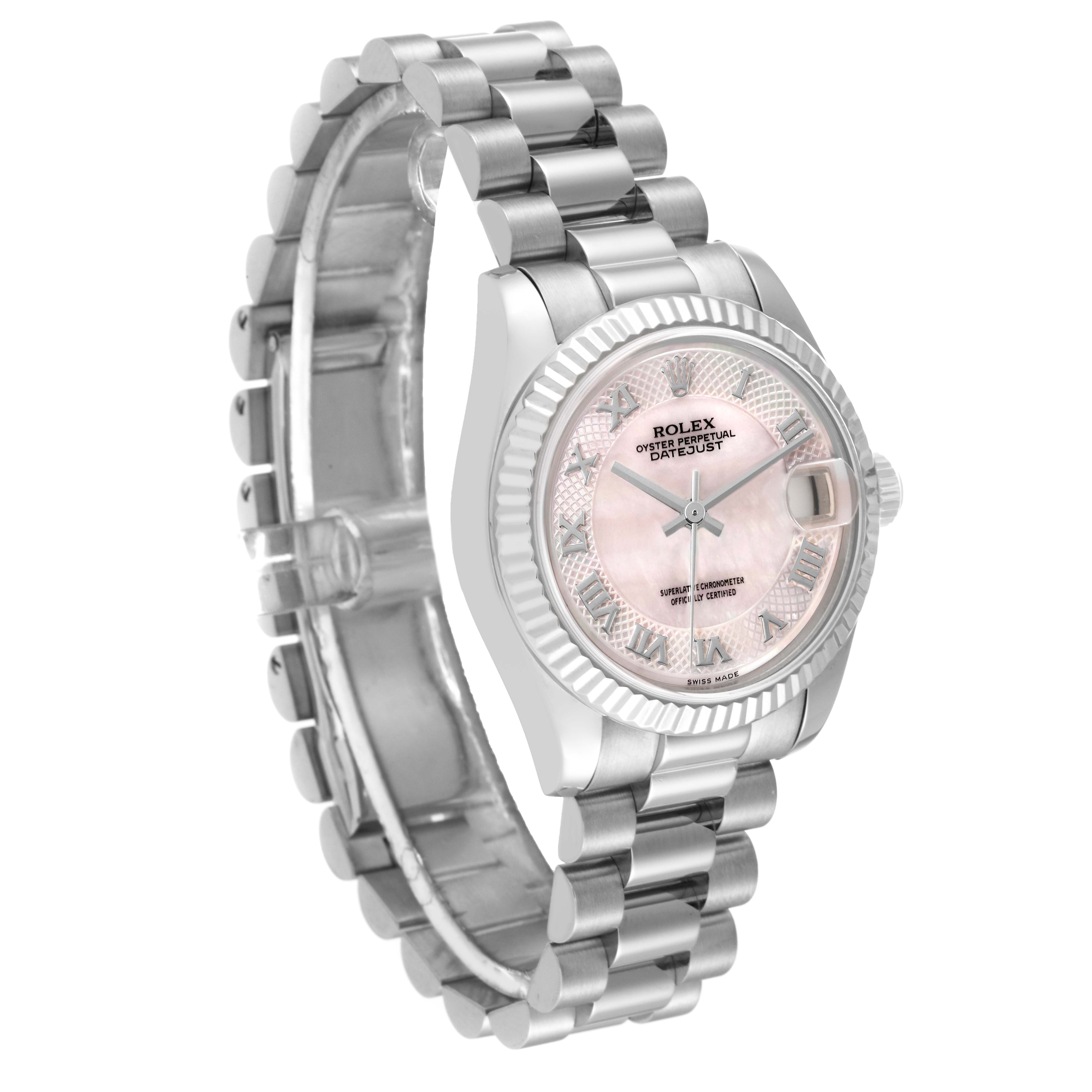 The Rolex President 178279 Women's White Gold Mother of Pearl Dial model watch is shown at a three-quarter angle, displaying the face, bezel, and bracelet.