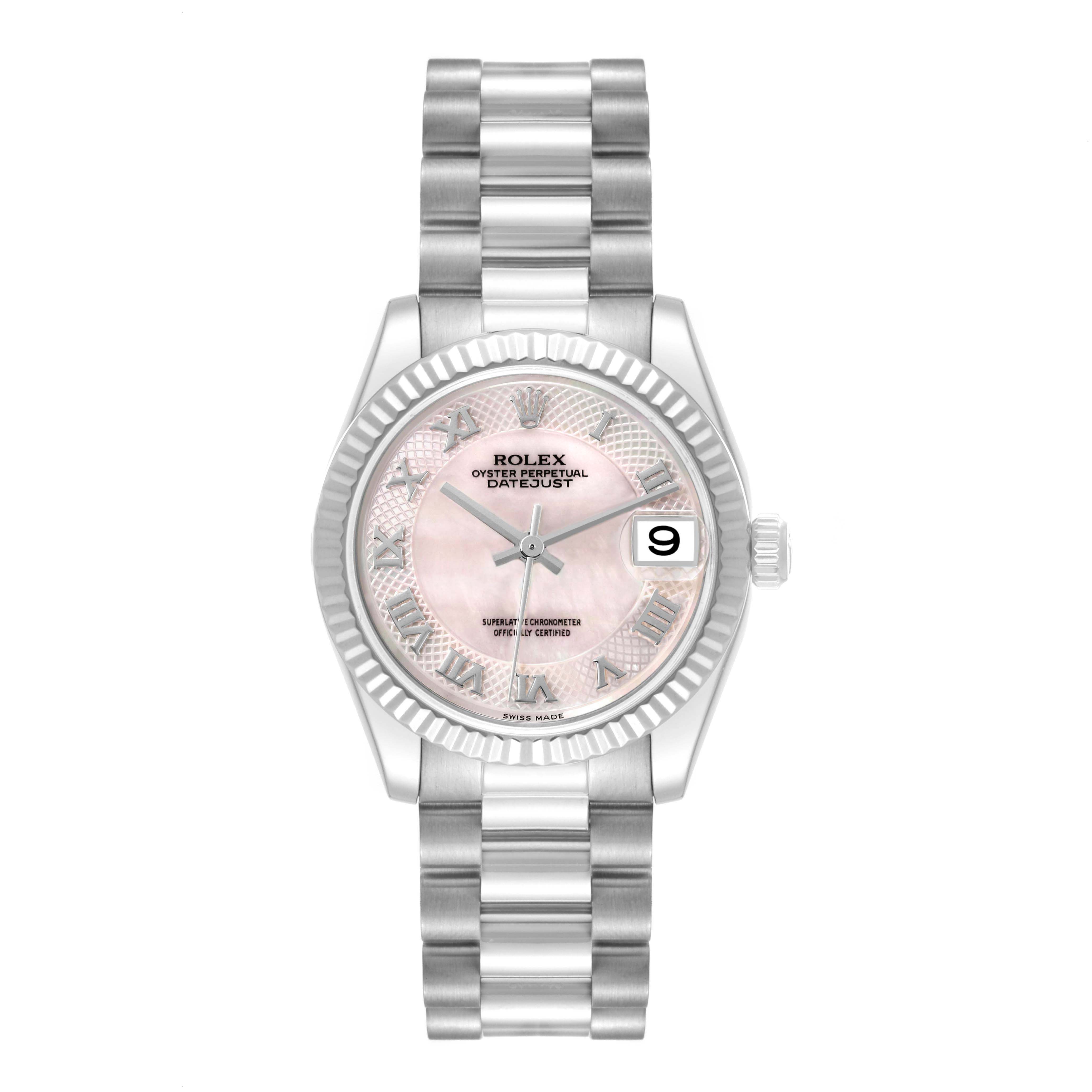 The Rolex President 178279 Women's White Gold Mother of Pearl Dial model watch is shown from a top view, displaying the bracelet, case, bezel, and dial with a date window.