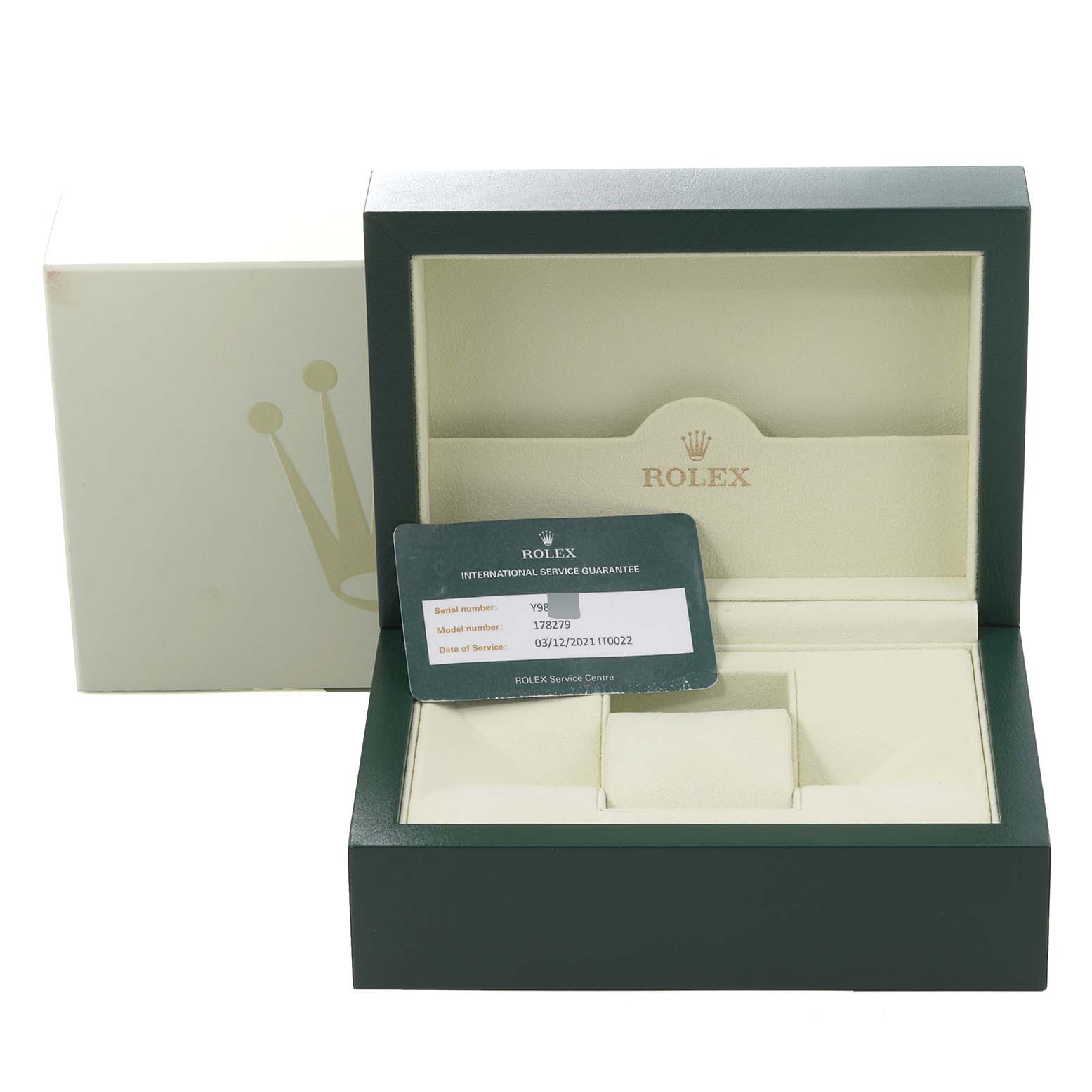 The image shows an open Rolex President 178279 Women's White Gold Mother of Pearl Dial 178279 Women's White Gold Mother of Pearl Dial model watch box with an international service guarantee card inside.