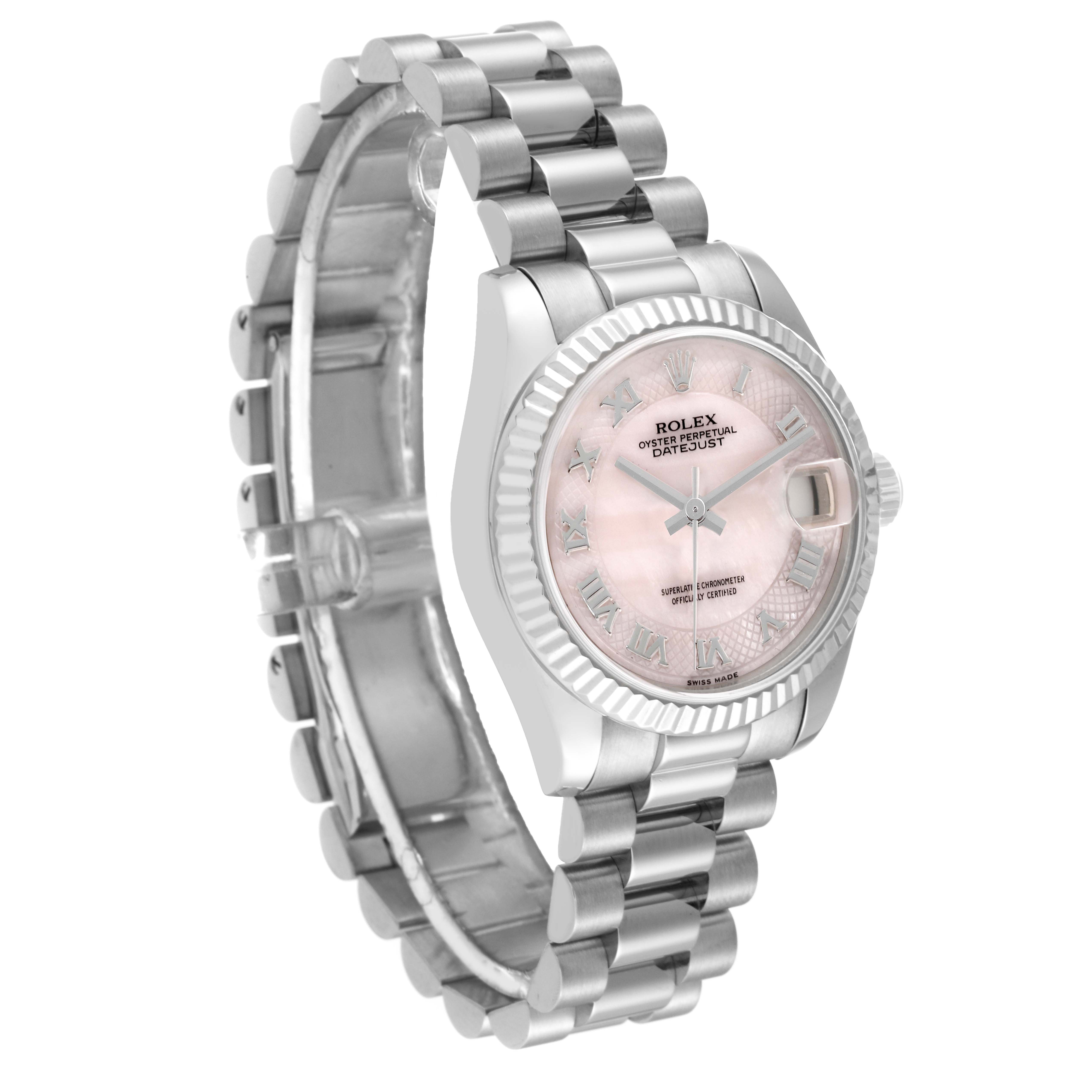 This image shows a Rolex President 178279 Women's White Gold Mother of Pearl Dial 178279 Women's White Gold Mother of Pearl Dial model watch with a side angle, highlighting its bracelet, face, and crown.
