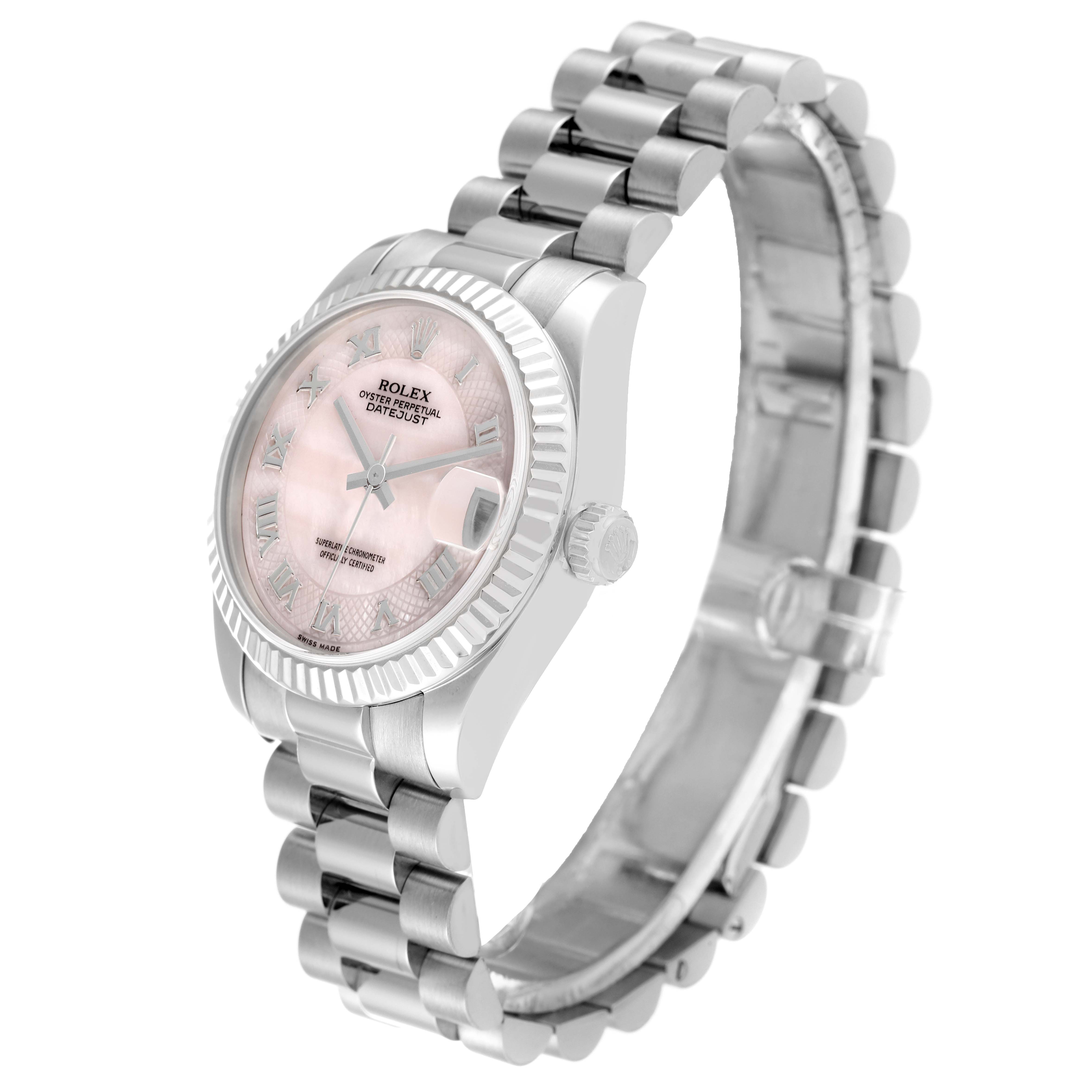 The Rolex President 178279 Women's White Gold Mother of Pearl Dial 178279 Women's White Gold Mother of Pearl Dial model watch is shown at a slight angle, displaying the face, bezel, crown, and bracelet clearly.