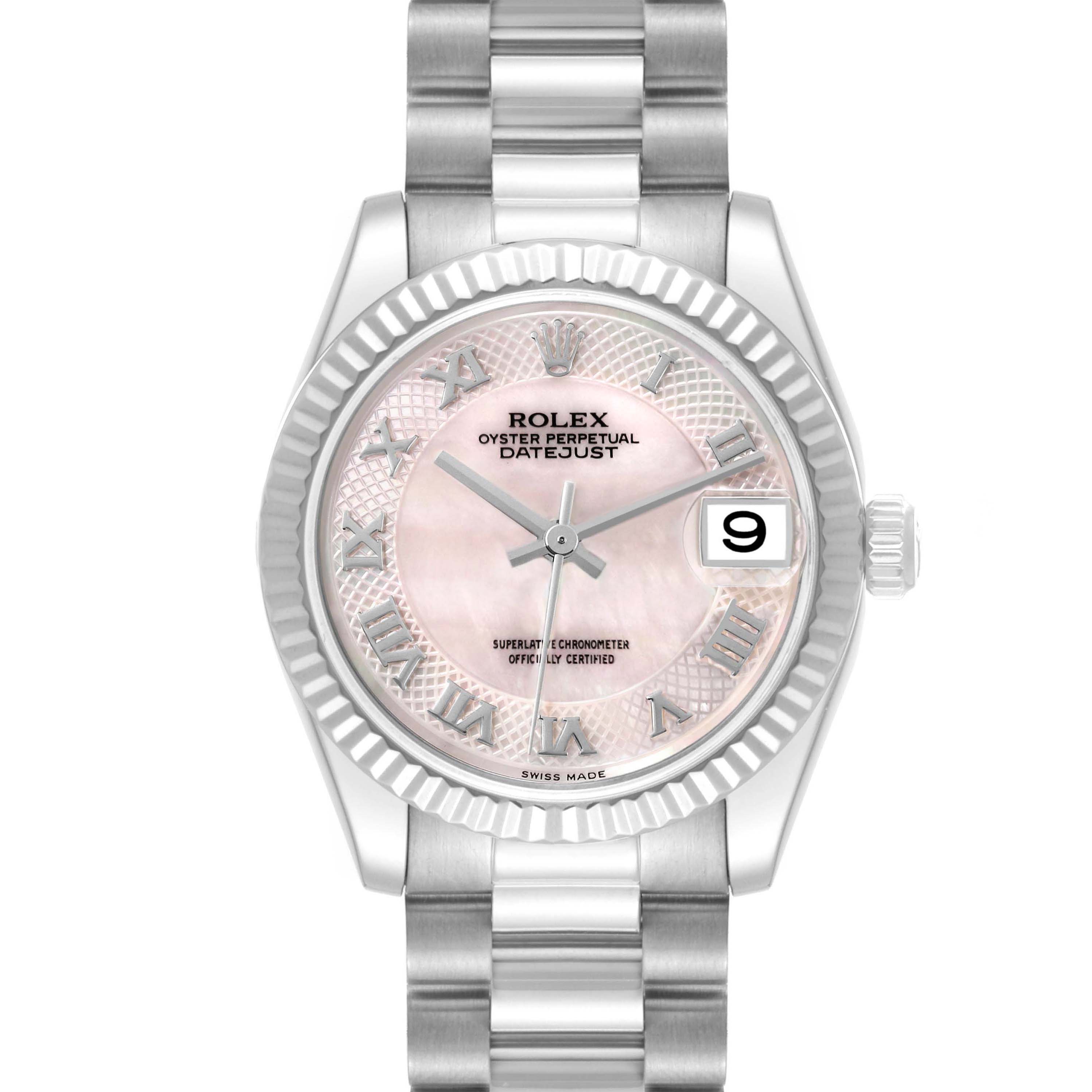 The Rolex President 178279 Women's White Gold Mother of Pearl Dial model is shown from the front, highlighting the dial, crown, and bracelet.