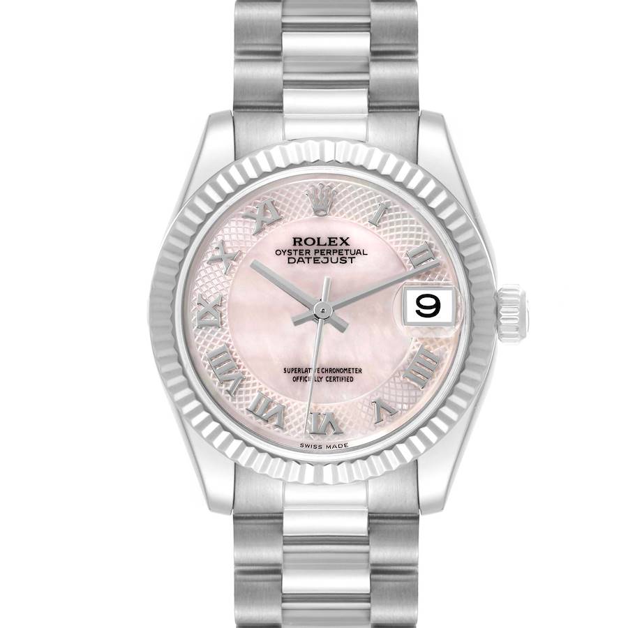 The Rolex President 178279 Women's White Gold Mother of Pearl Dial model is shown from the front, highlighting the dial, crown, and bracelet.