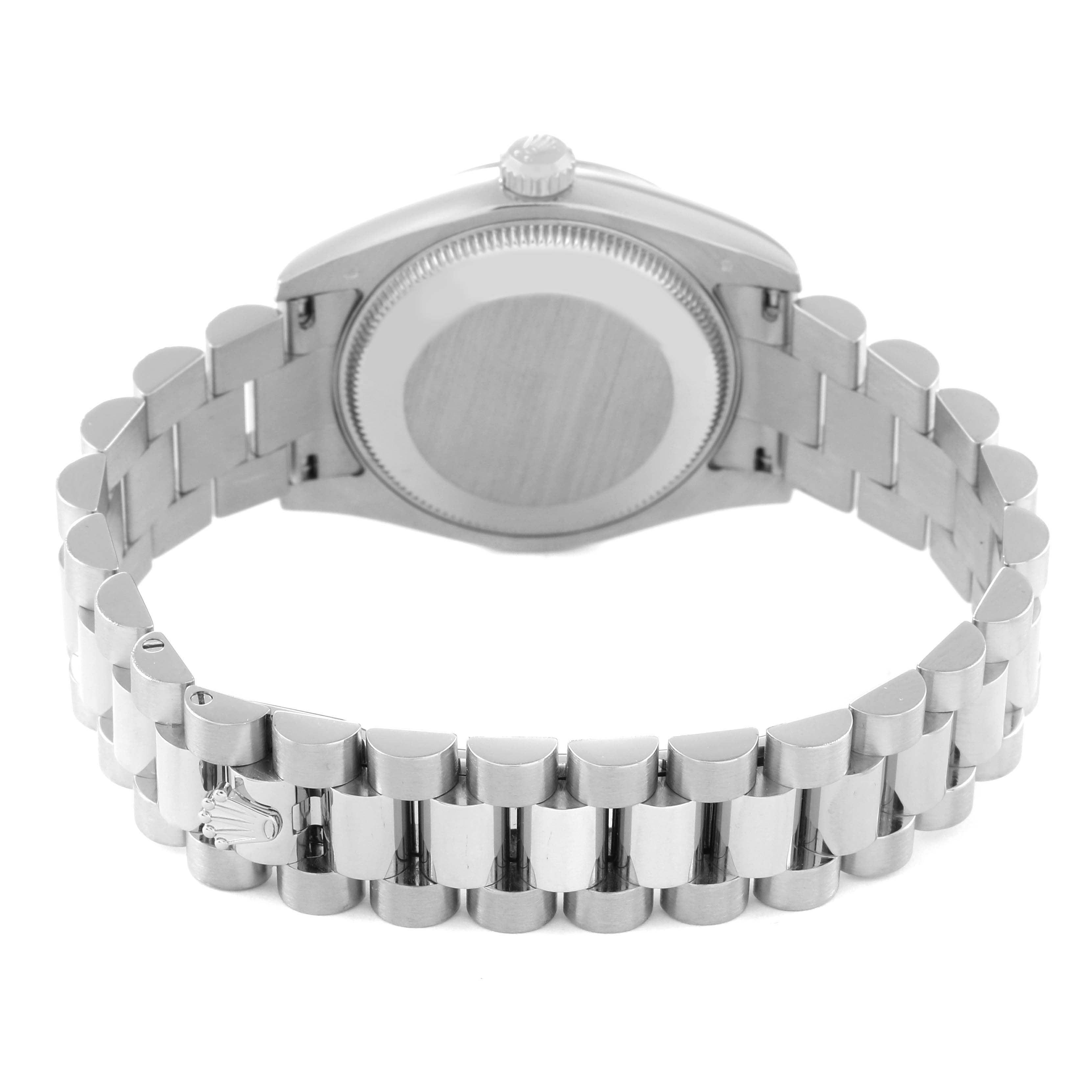 The image shows the back of a Rolex President 178279 Women's White Gold Mother of Pearl Dial 178279 Women's White Gold Mother of Pearl Dial model watch, focusing on its case back and bracelet.