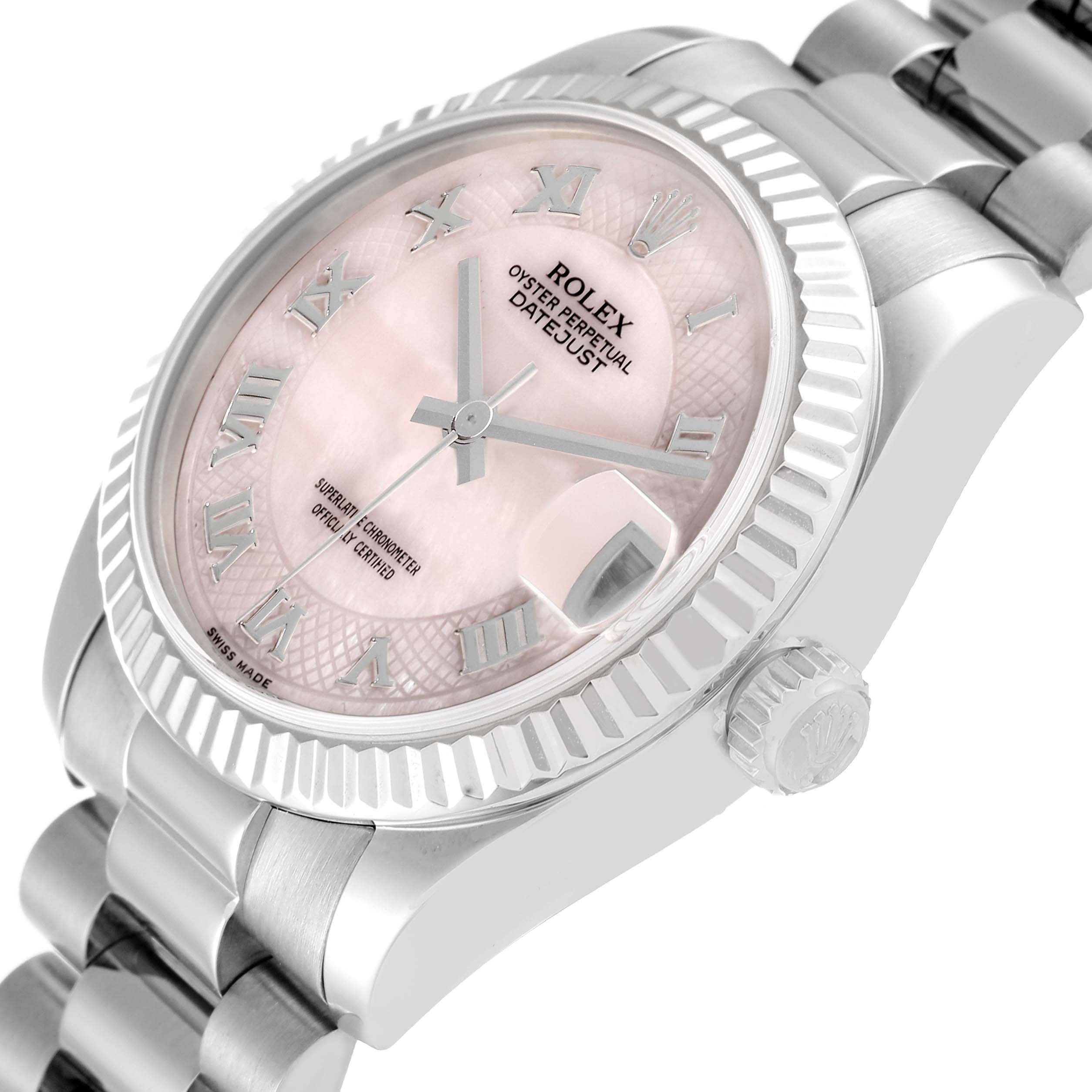 The Rolex President 178279 Women's White Gold Mother of Pearl Dial 178279 Women's White Gold Mother of Pearl Dial model is shown at an angled close-up, highlighting the dial, bezel, crown, and part of the bracelet.