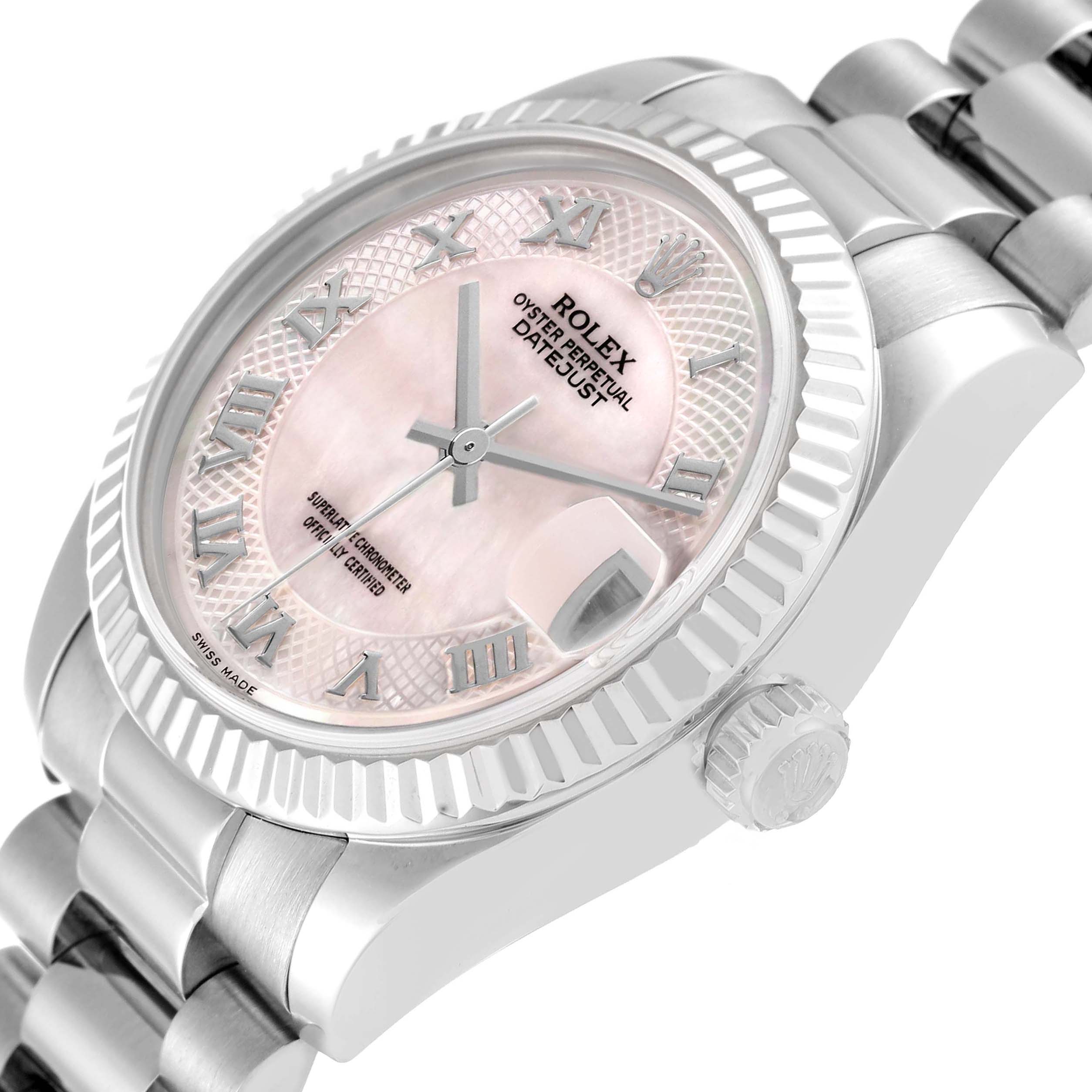 The Rolex President 178279 Women's White Gold Mother of Pearl Dial model watch is shown at an angled side view, displaying the dial, case, bezel, crown, and part of the bracelet.
