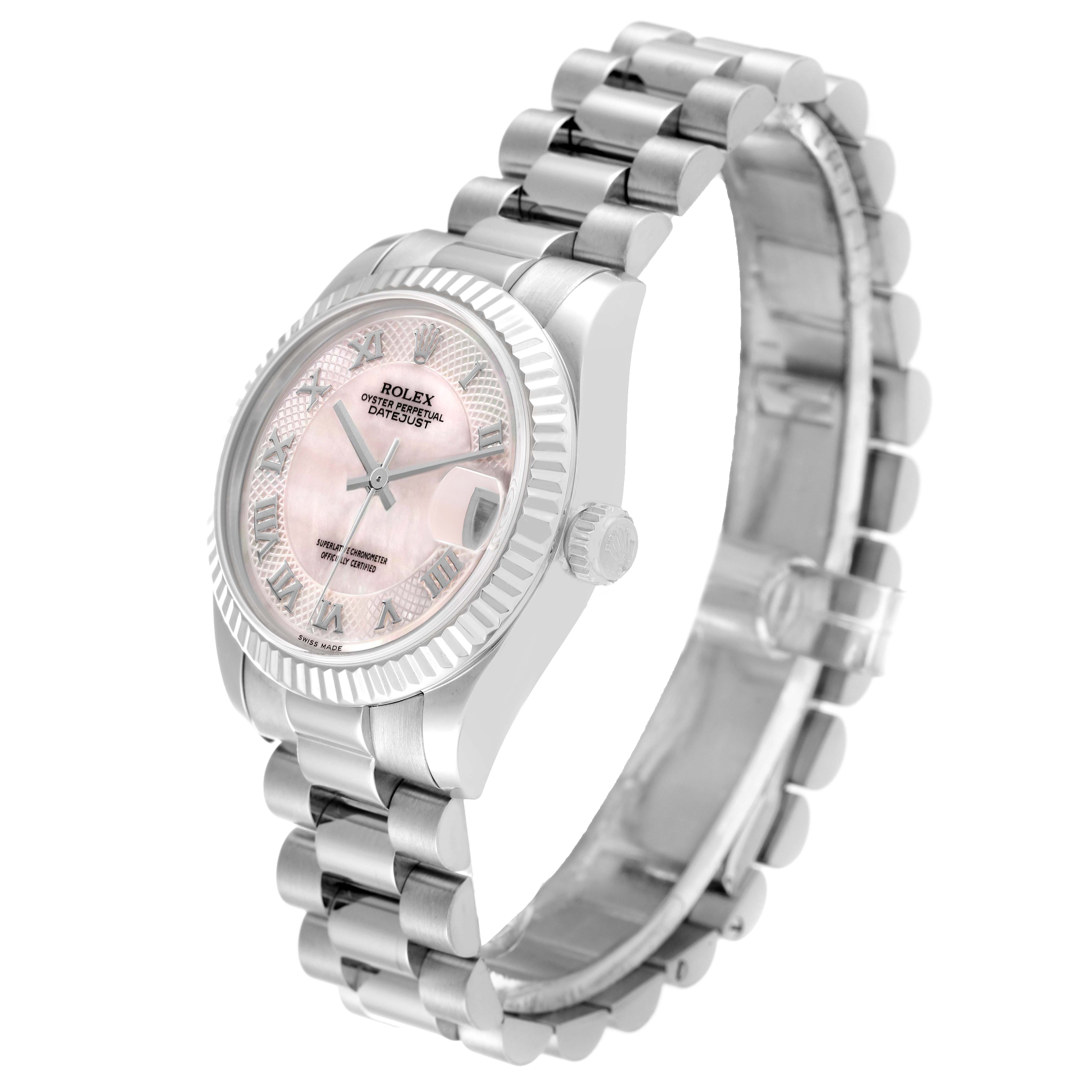 The Rolex President 178279 Women's White Gold Mother of Pearl Dial model watch is shown at a three-quarter angle, displaying the bracelet, crown, case, and dial clearly.