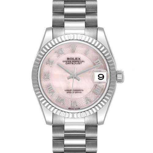 The Rolex President model is shown front-on, displaying the dial, fluted bezel, cyclops lens, and bracelet.