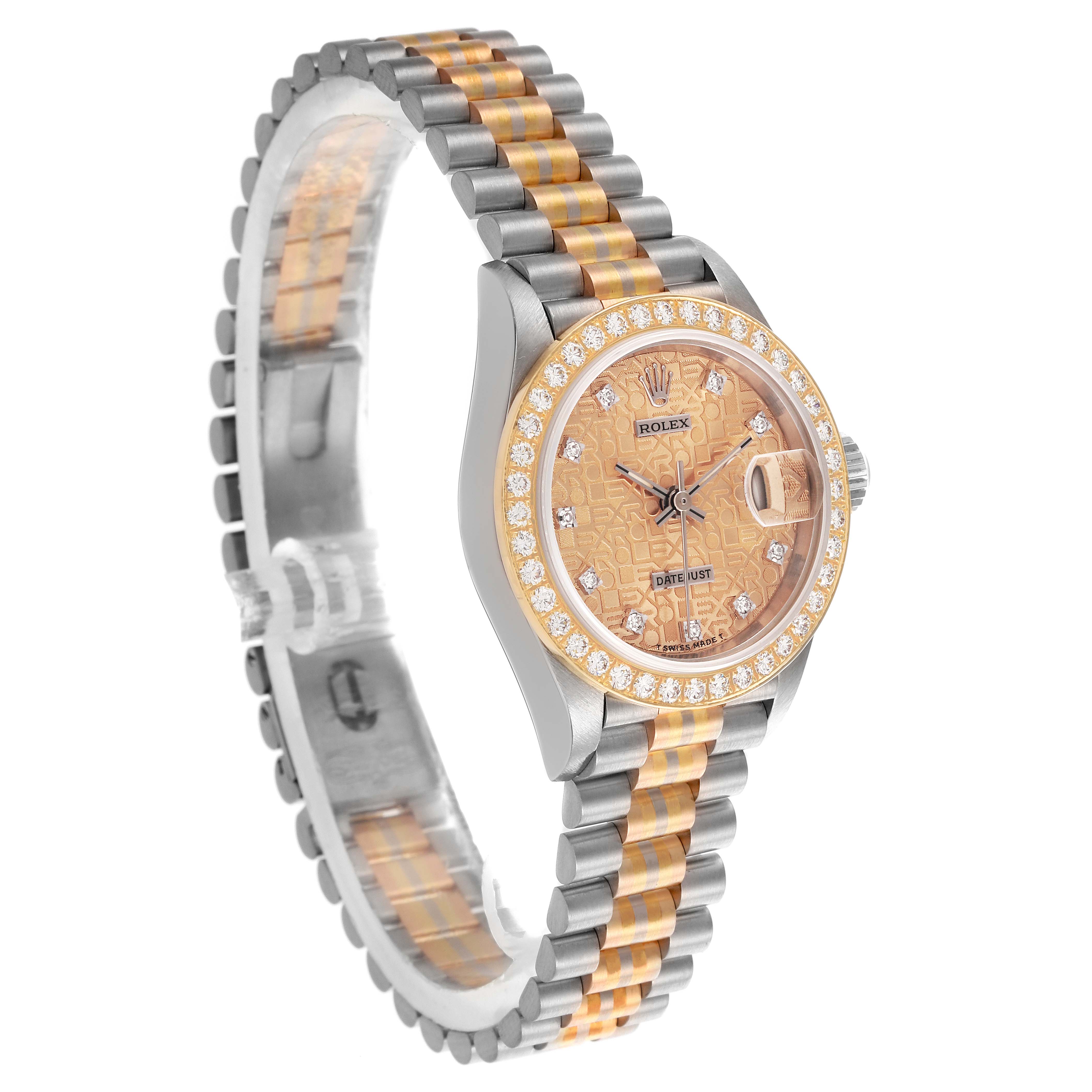 The Rolex President 69139 Women
s White Gold Champagne Dial 69139 Women
s White Gold Champagne Dial model watch is shown at a three-quarter angle, displaying its face, bezel, and bracelet.