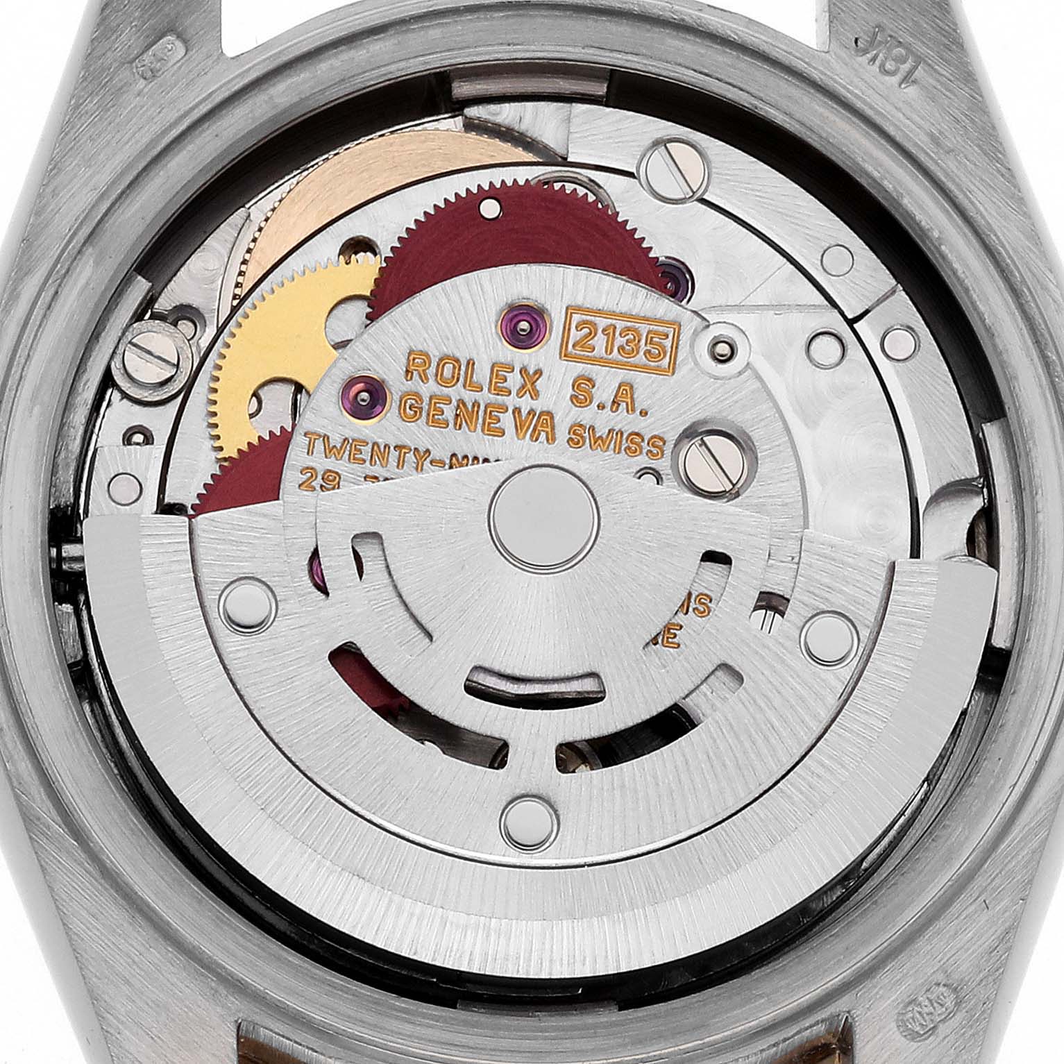 The image shows the internal movement of a Rolex President 69139 Women
s White Gold Champagne Dial 69139 Women
s White Gold Champagne Dial watch from a top-down angle.