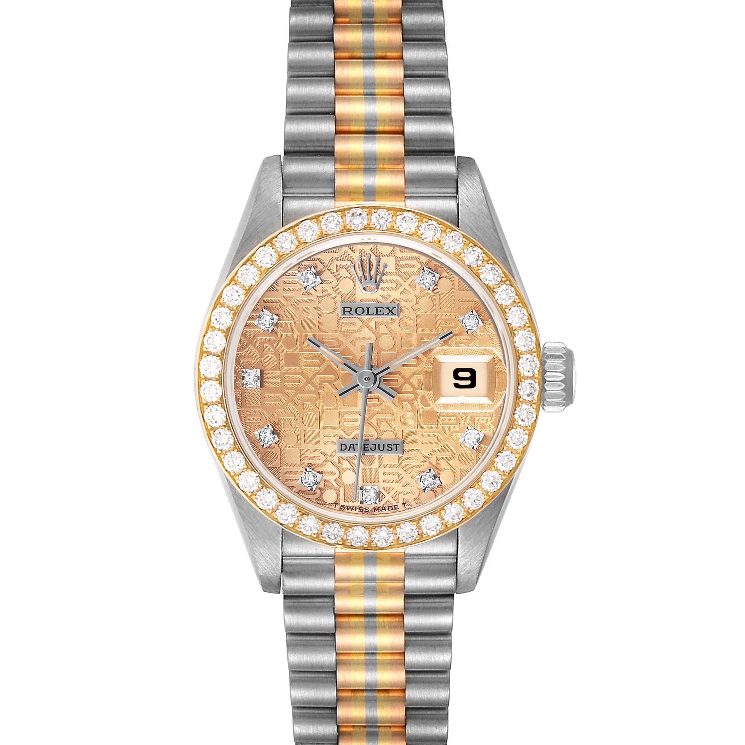 The Rolex President 69139 Women
s White Gold Champagne Dial 69139 Women
s White Gold Champagne Dial watch is shown from a top view, highlighting its face, bezel, and bracelet.