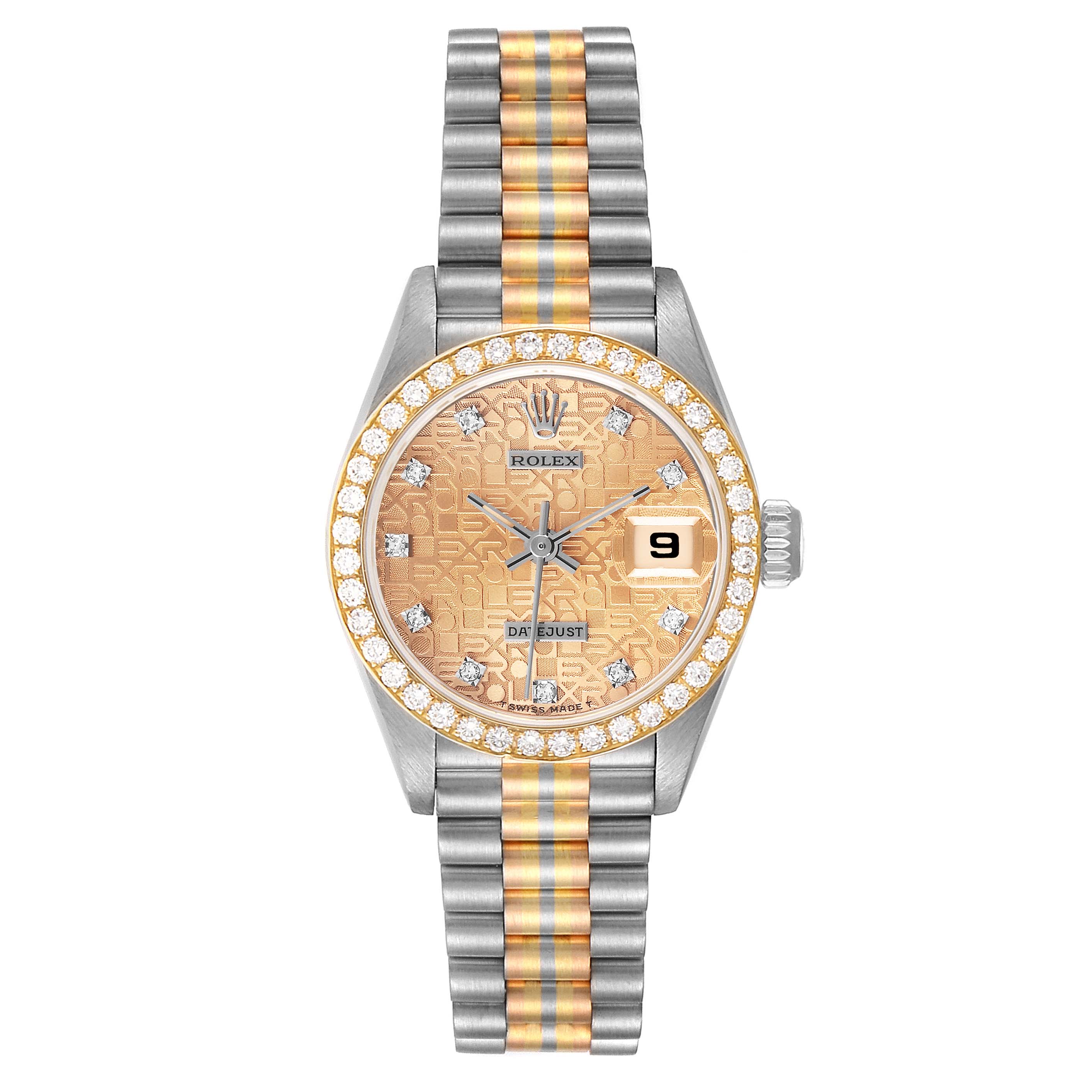 The Rolex President 69139 Women
s White Gold Champagne Dial 69139 Women
s White Gold Champagne Dial watch is shown from a front view, displaying the dial, bezel, bracelet, and date window.