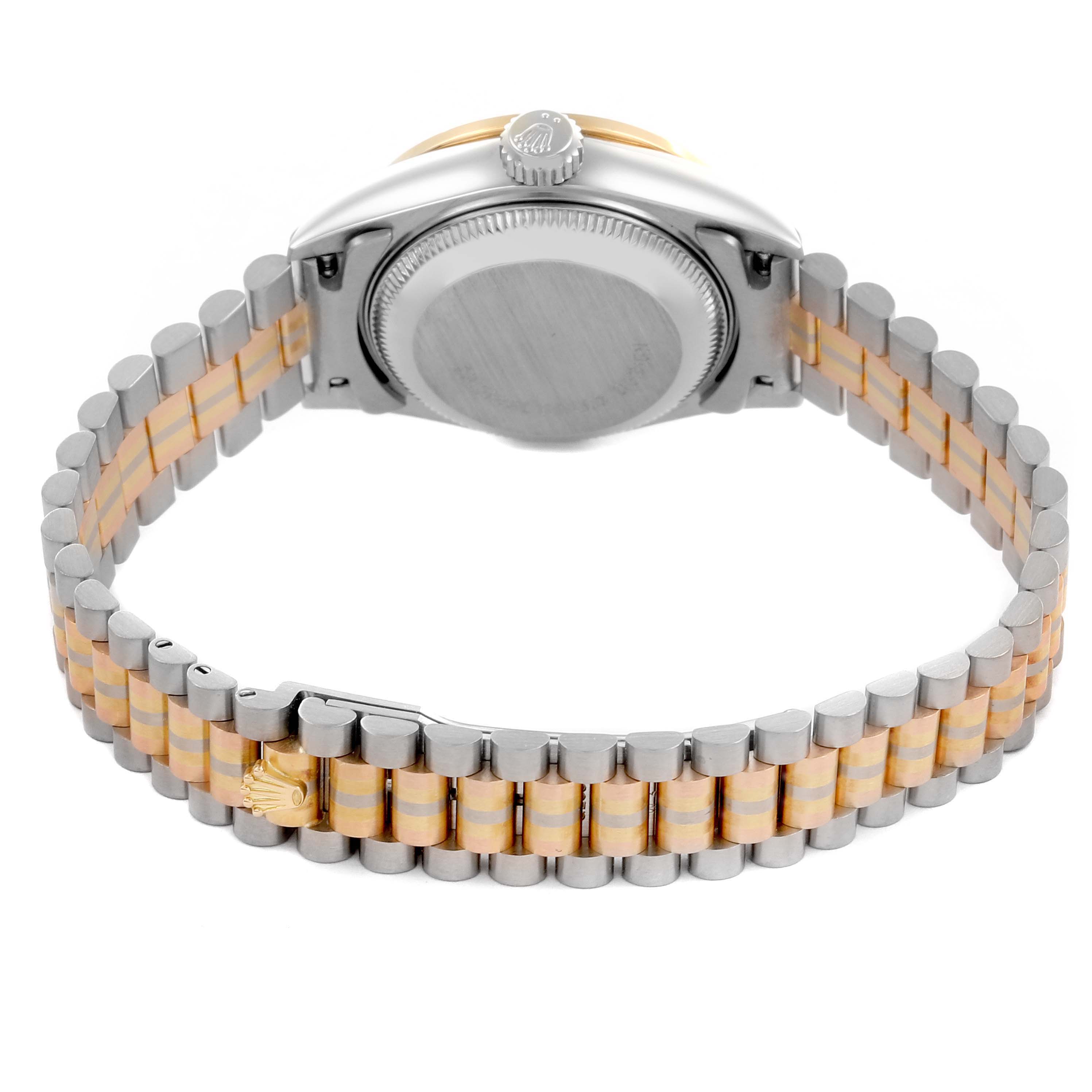 The Rolex President 69139 Women
s White Gold Champagne Dial 69139 Women
s White Gold Champagne Dial model watch is shown from the back, highlighting the clasp and bracelet with a partial view of the case back.