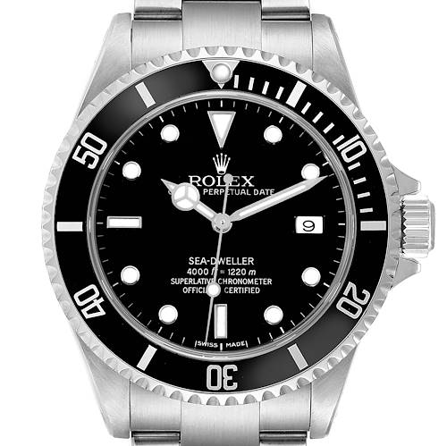 The Rolex Sea-Dweller is shown from the front, displaying the dial, bezel, and part of the bracelet.