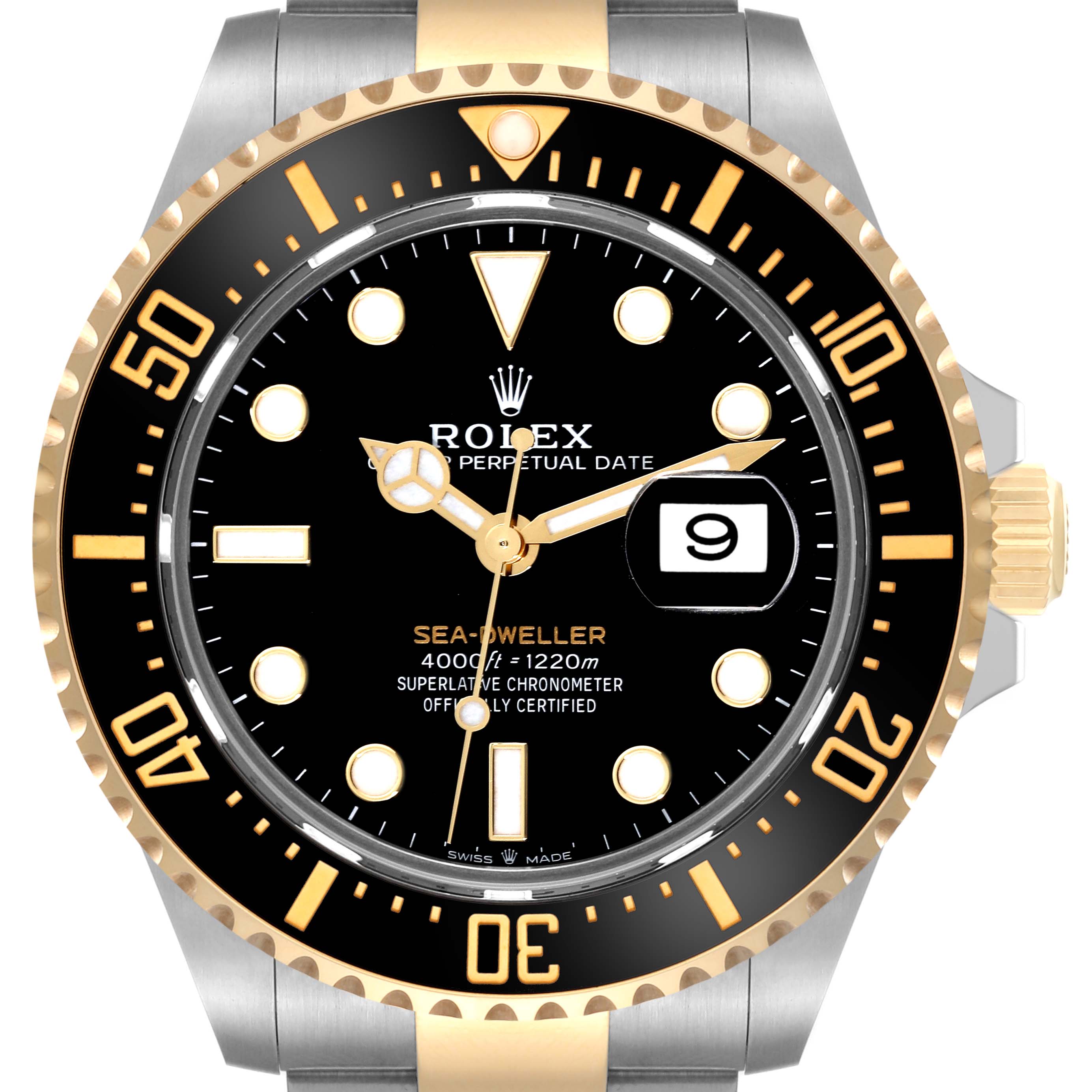 This image shows a frontal view of the Rolex Sea-Dweller 126603 Men's Steel and Gold (two tone) Black Dial 126603 Men's Steel and Gold (two tone) Black Dial watch, highlighting the watch face, bezel, and crown.