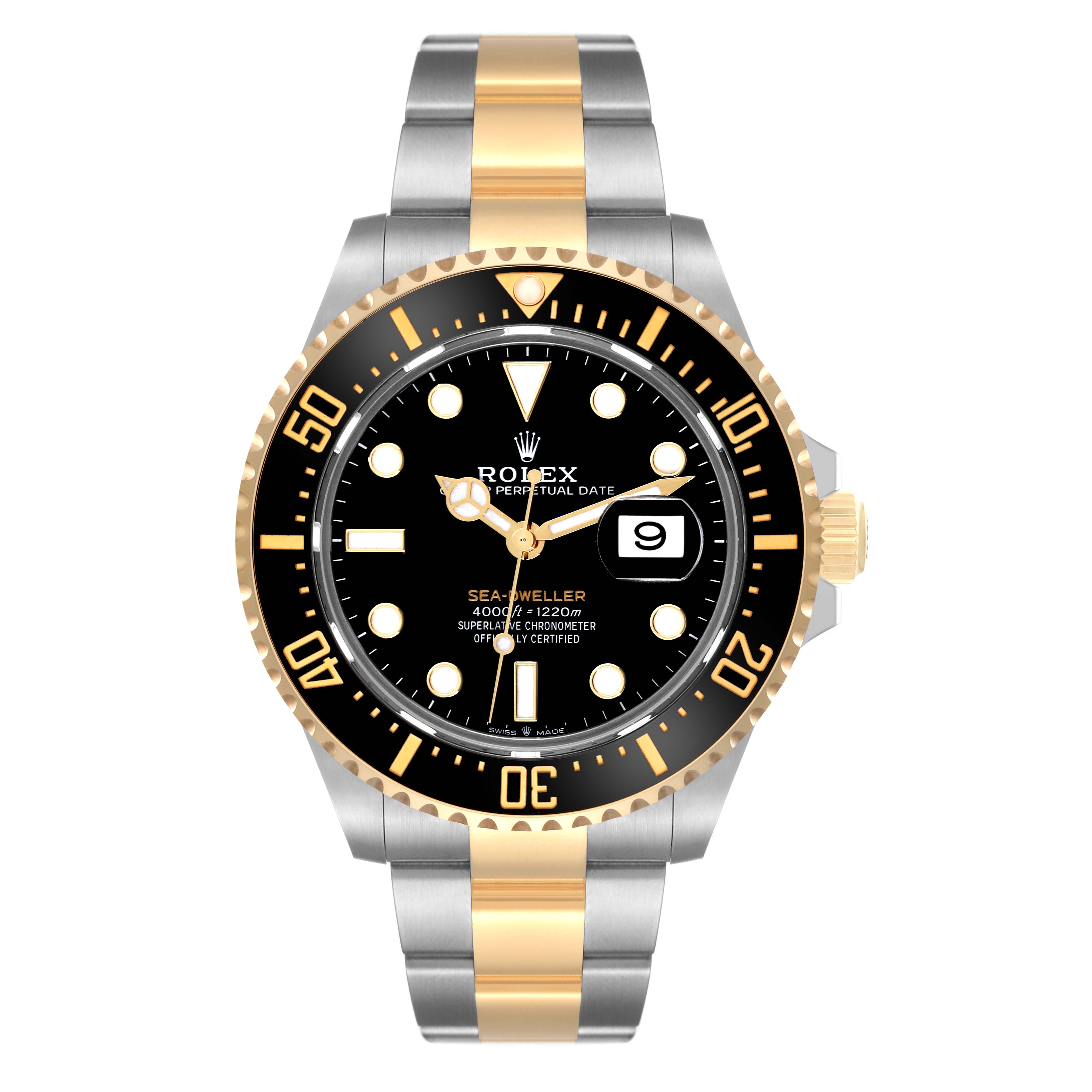 This image shows a front view of the Rolex Sea-Dweller 126603 Men's Steel and Gold (two tone) Black Dial 126603 Men's Steel and Gold (two tone) Black Dial watch, highlighting its black dial, date display, and two-tone metal bracelet.