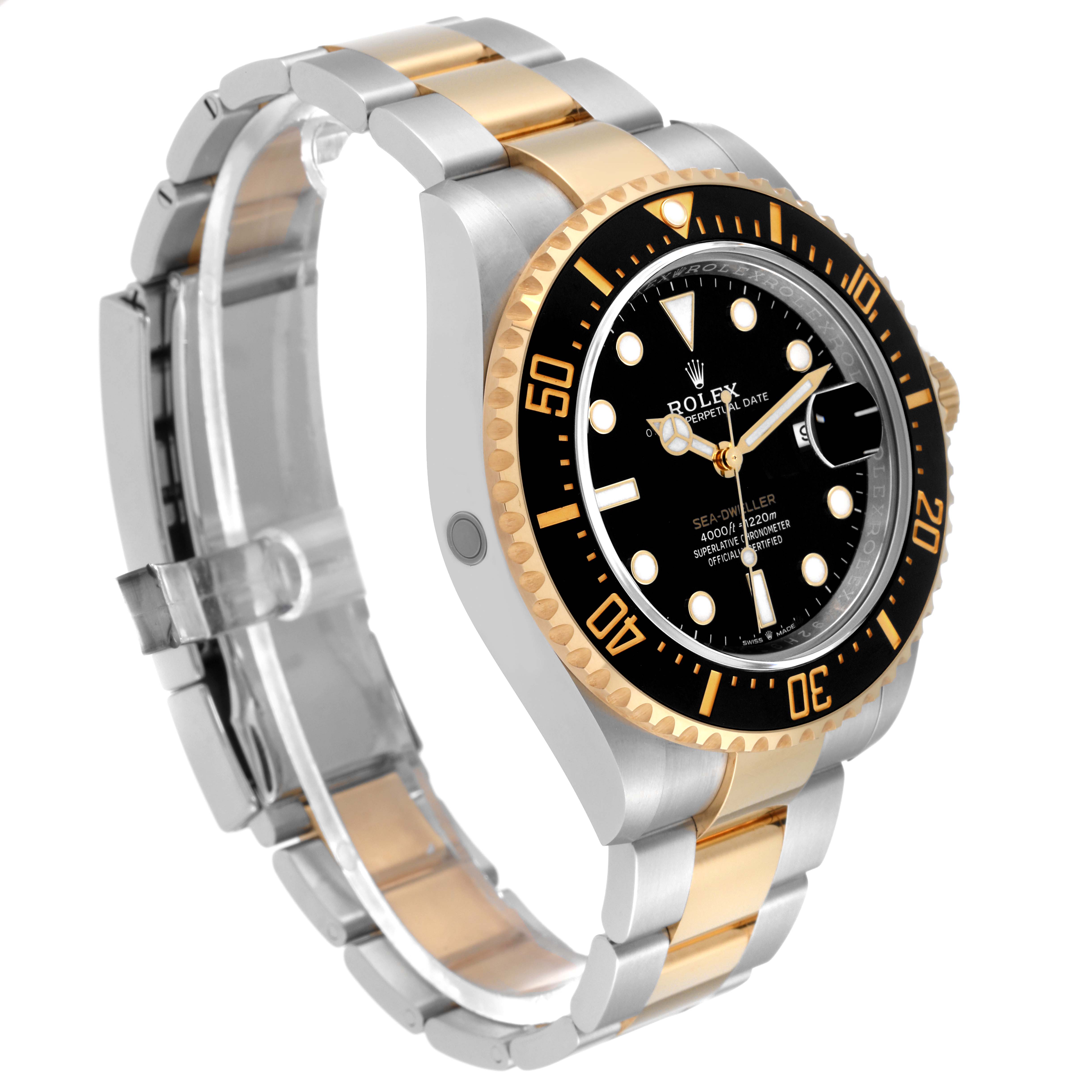 The image shows a side perspective of the Rolex Sea-Dweller 126603 Men's Steel and Gold (two tone) Black Dial 126603 Men's Steel and Gold (two tone) Black Dial watch, highlighting its two-tone bracelet and bezel.