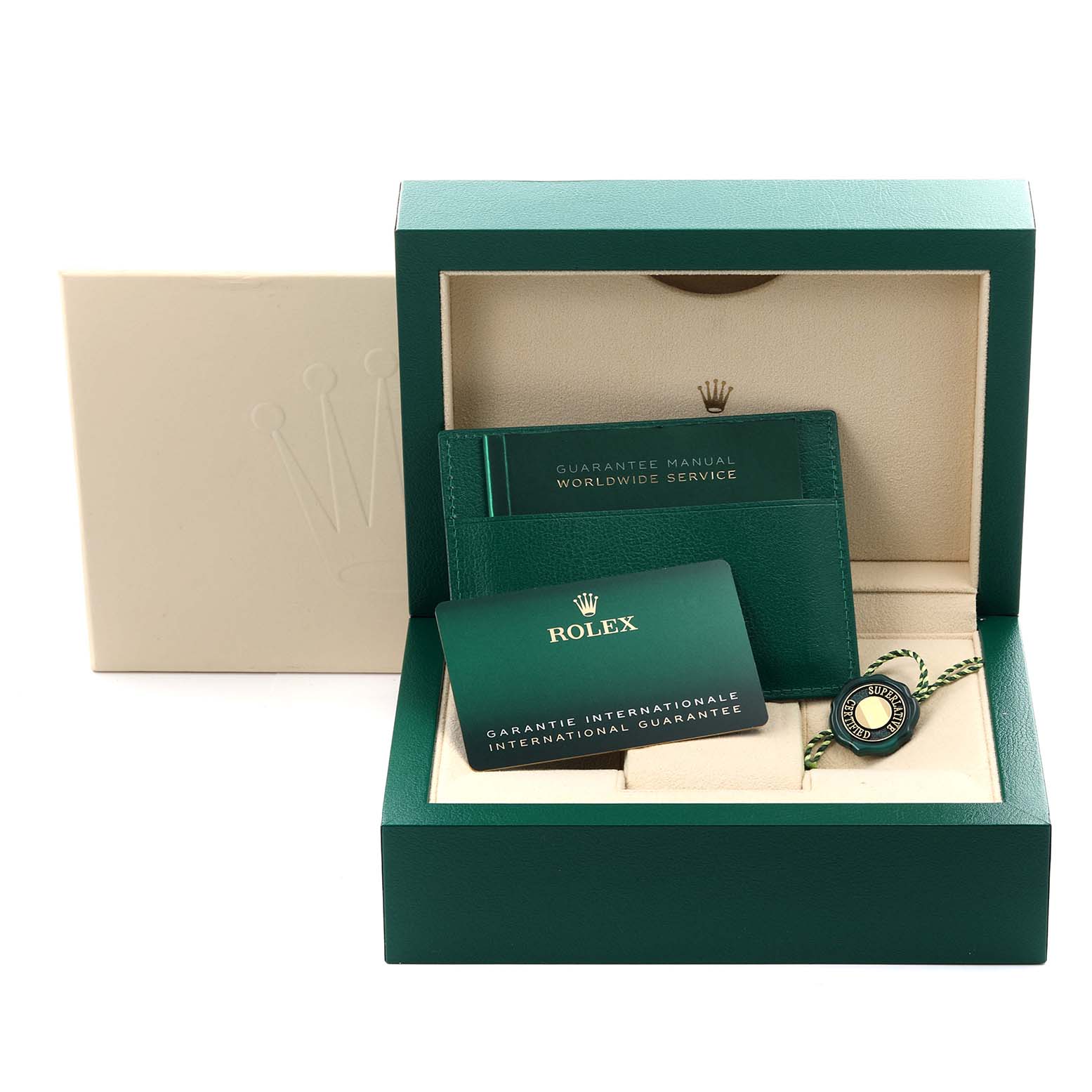 The image shows a Rolex Sea-Dweller 126660 Men
s Stainless Steel Black Dial 126660 Men
s Stainless Steel Black Dial box, guarantee cards, manual, and a tag displayed from the front.