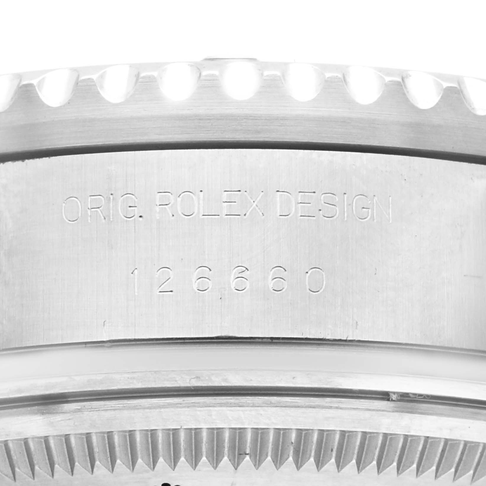 The image shows the side view of the bezel and edge engraving of the Rolex Sea-Dweller 126660 Men
s Stainless Steel Black Dial 126660 Men
s Stainless Steel Black Dial, model 126660.