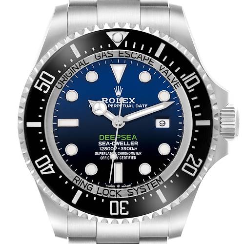 The image shows the Rolex Sea-Dweller watch face from a front angle, displaying the bezel, dial, and bracelet.