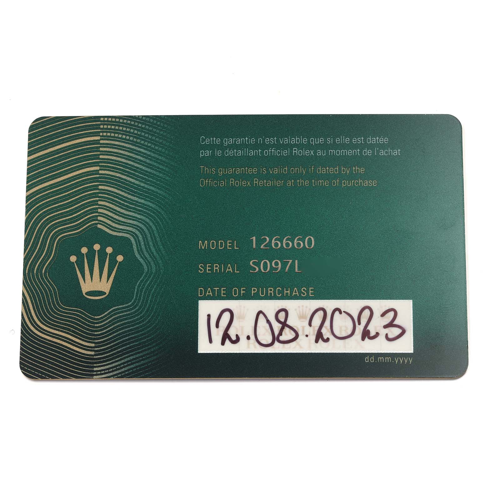 The image shows a warranty card for the Rolex Sea-Dweller 126660 Men
s Stainless Steel Black Dial 126660 Men
s Stainless Steel Black Dial model 126660.