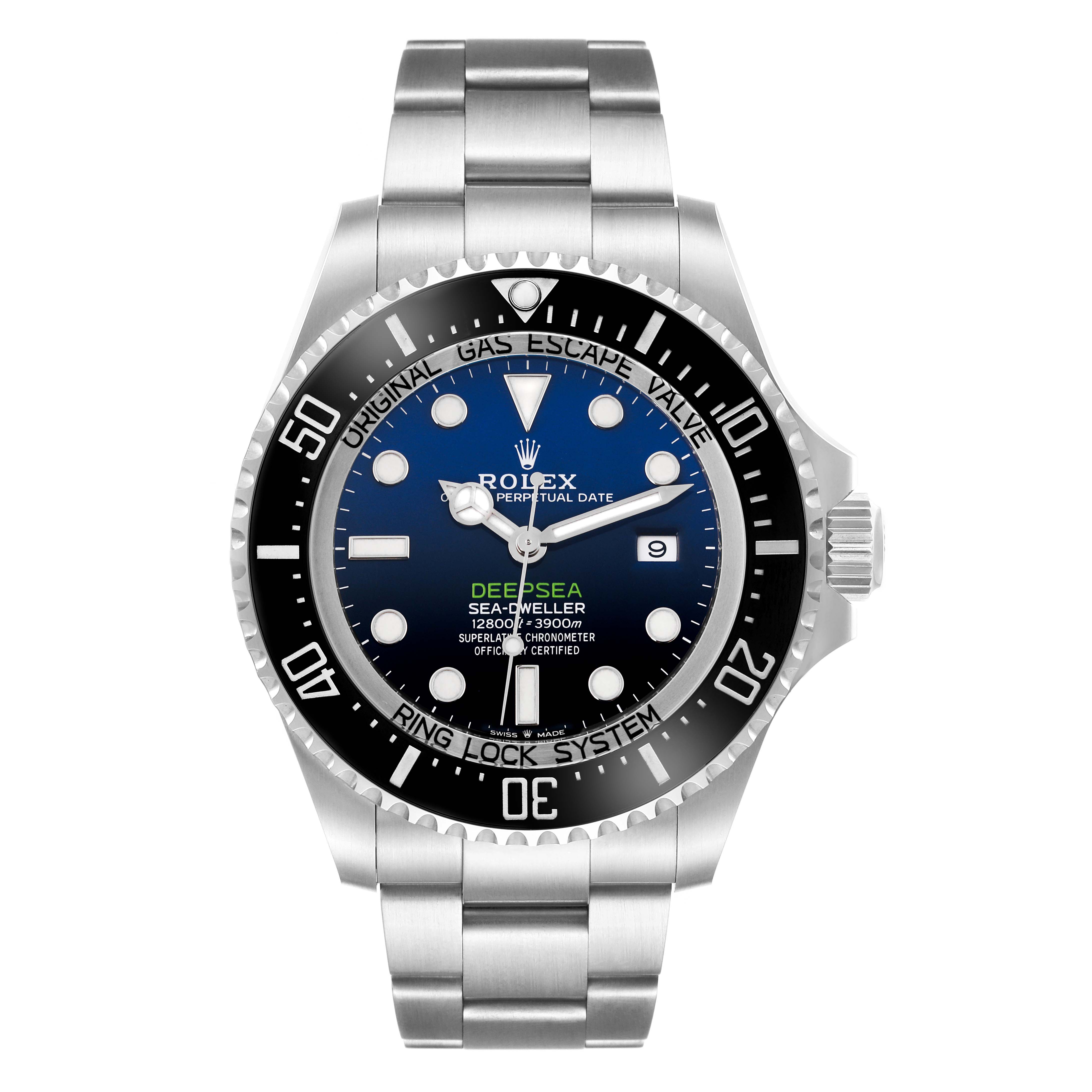 The image shows a front view of the Rolex Sea-Dweller 126660 Men
s Stainless Steel Black Dial 126660 Men
s Stainless Steel Black Dial watch, highlighting its dial, bezel, and bracelet.