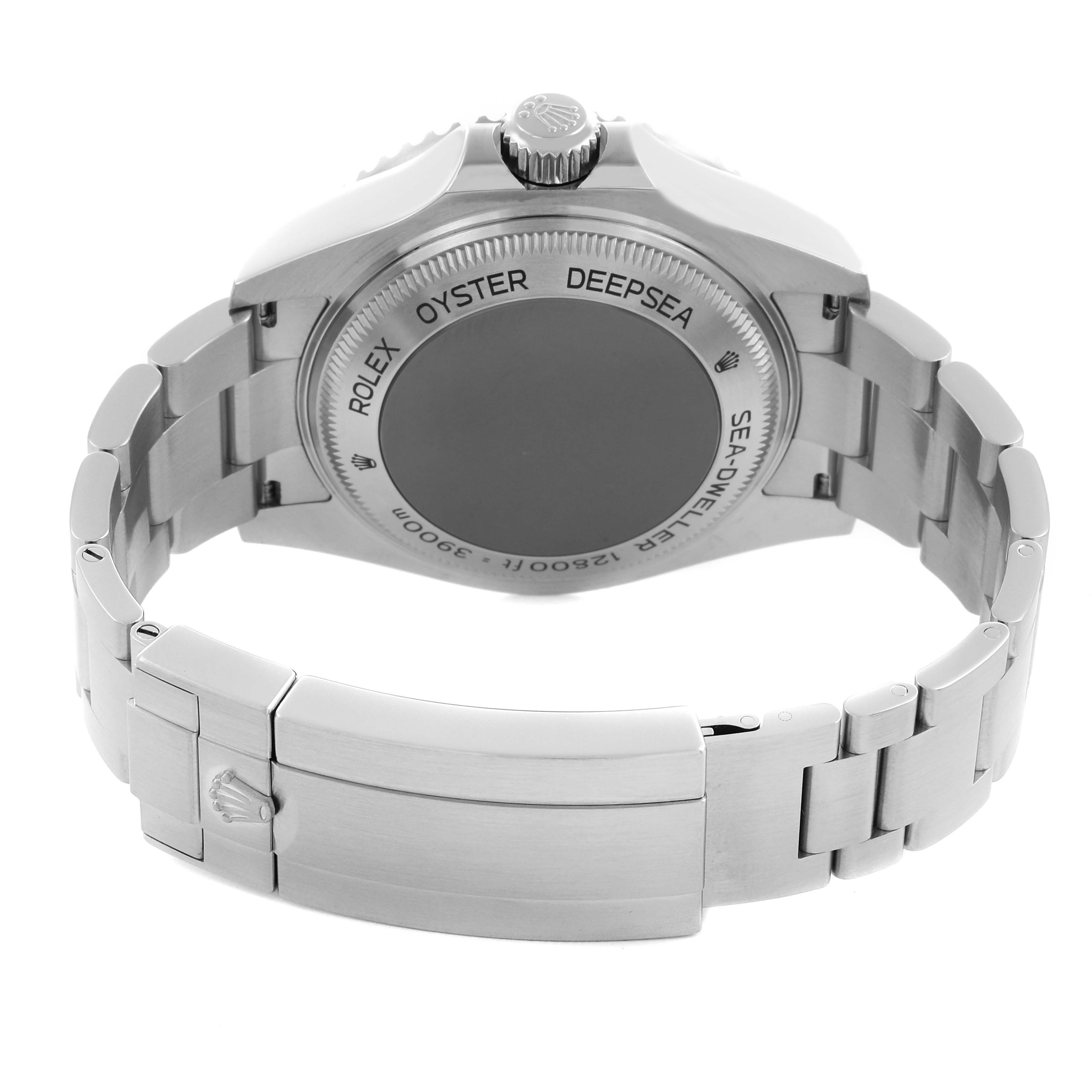 The image shows the back view of a Rolex Sea-Dweller 126660 Men
s Stainless Steel Black Dial 126660 Men
s Stainless Steel Black Dial watch, highlighting the case back and bracelet clasp.