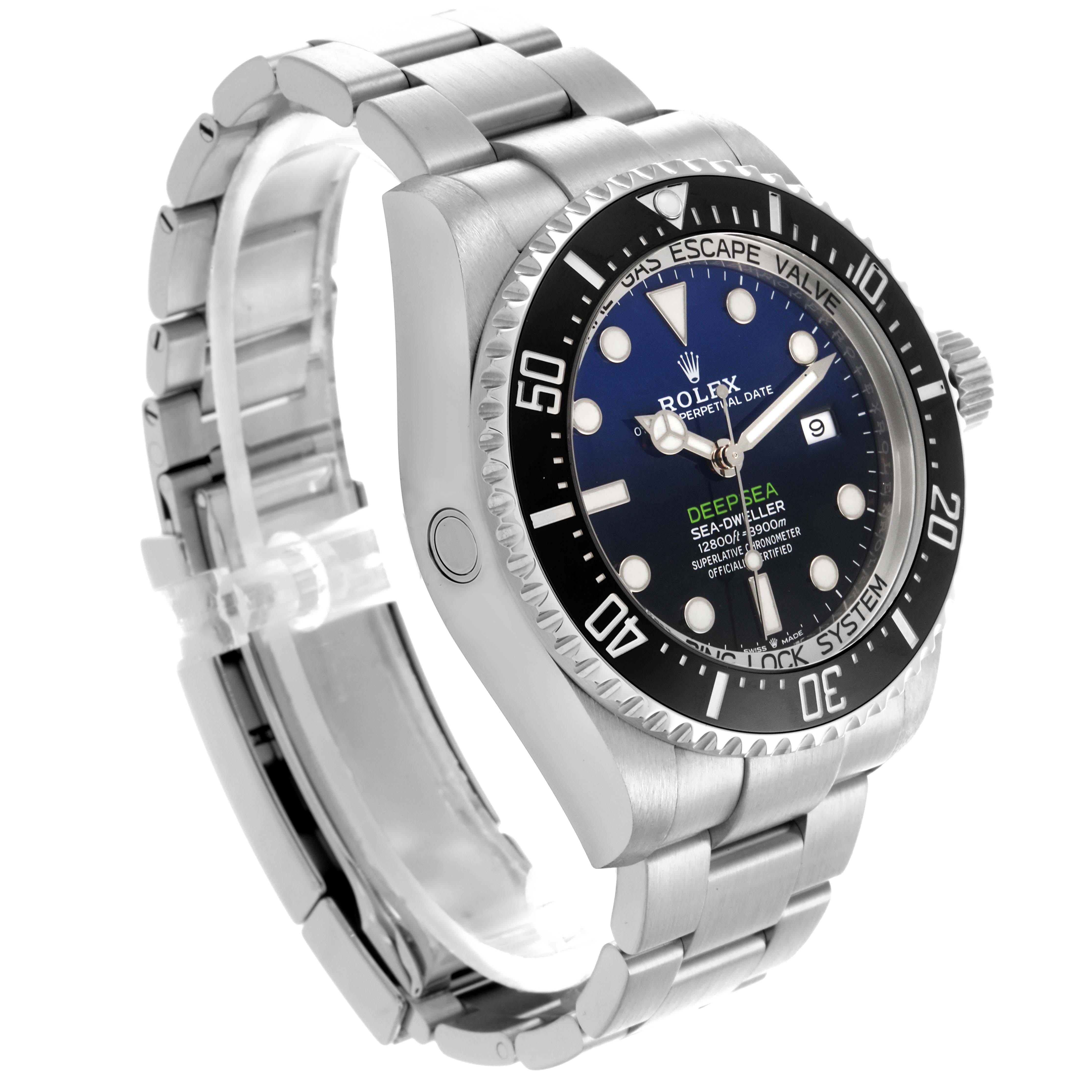 The Rolex Sea-Dweller 126660 Men
s Stainless Steel Black Dial 126660 Men
s Stainless Steel Black Dial watch is shown at a three-quarter angle, highlighting the face, bezel, bracelet, and crown.