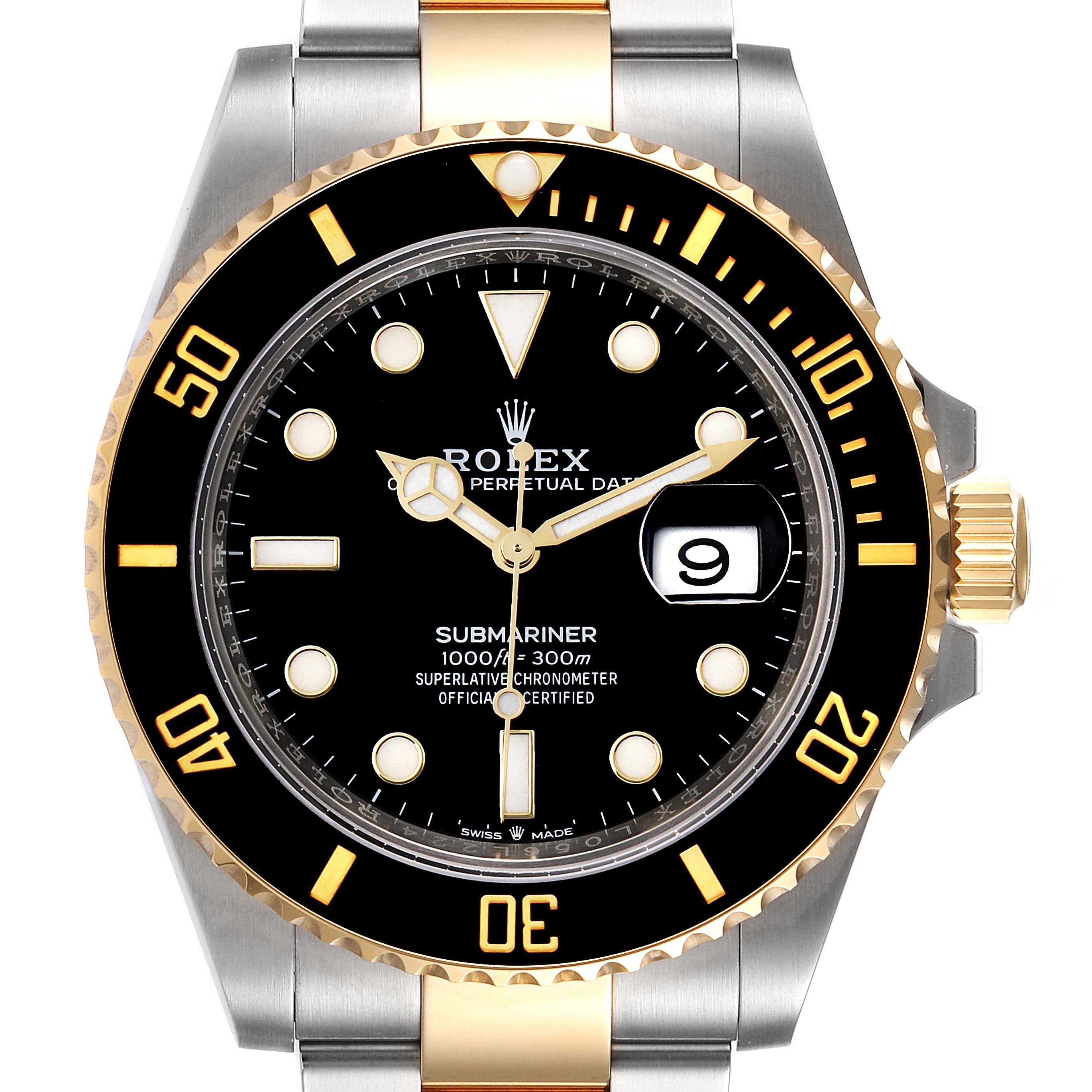 This image shows a front view of a Rolex Submariner 126613 Men's Steel and Gold (two tone) Black Dial 126613 Men's Steel and Gold (two tone) Black Dial watch, displaying the dial, bezel, and part of the bracelet.