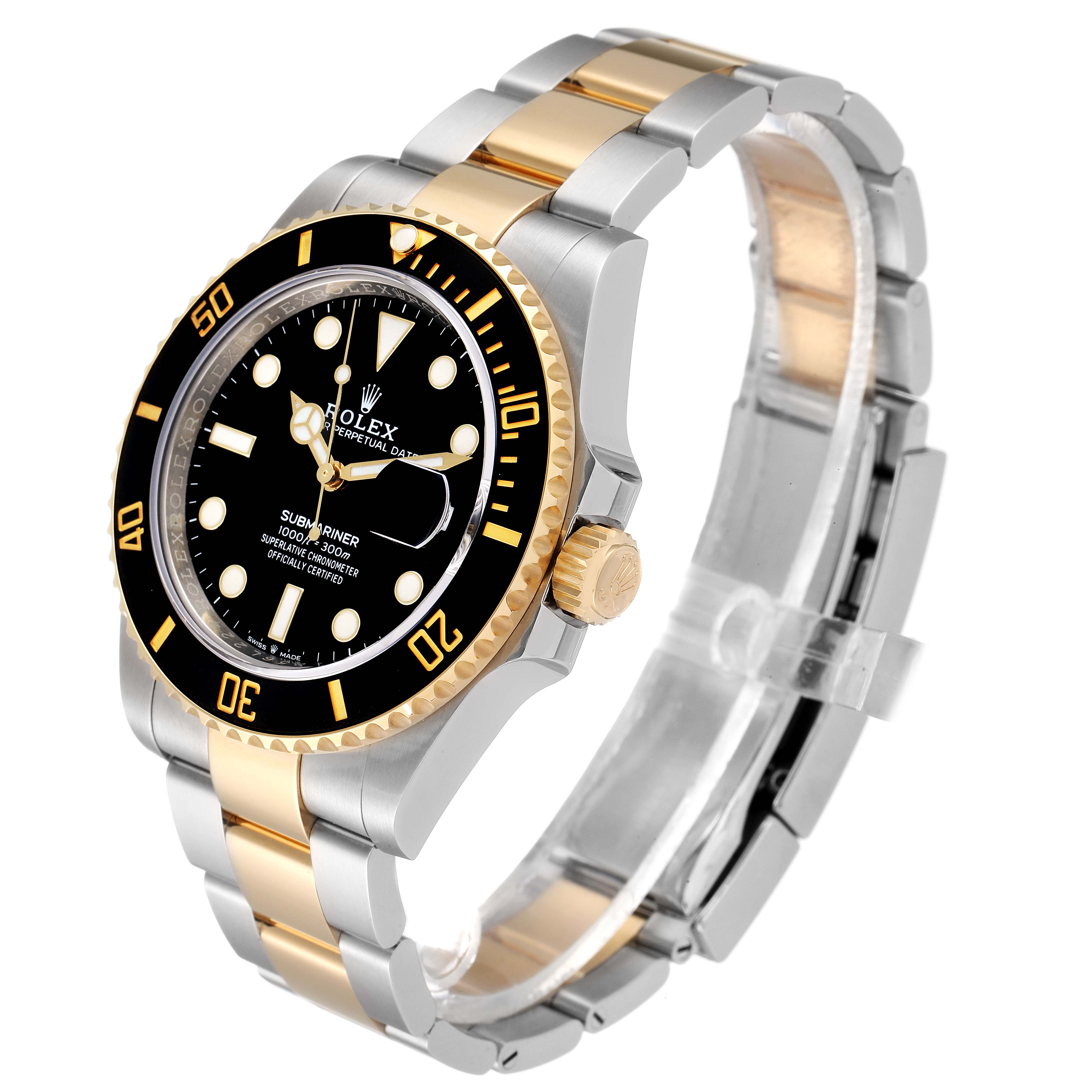 This image shows a side angle of a Rolex Submariner 126613 Men's Steel and Gold (two tone) Black Dial 126613 Men's Steel and Gold (two tone) Black Dial watch, highlighting its bezel, dial, and bracelet components.