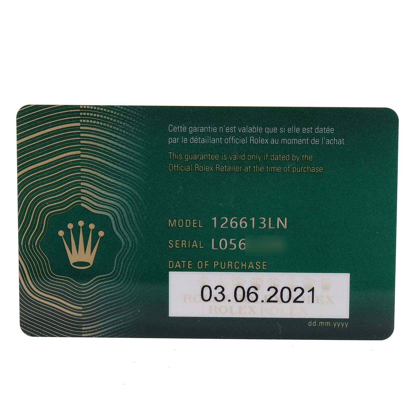 This image shows a warranty card for a Rolex Submariner 126613 Men's Steel and Gold (two tone) Black Dial 126613 Men's Steel and Gold (two tone) Black Dial model 126613LN with a purchase date of 03.06.2021.