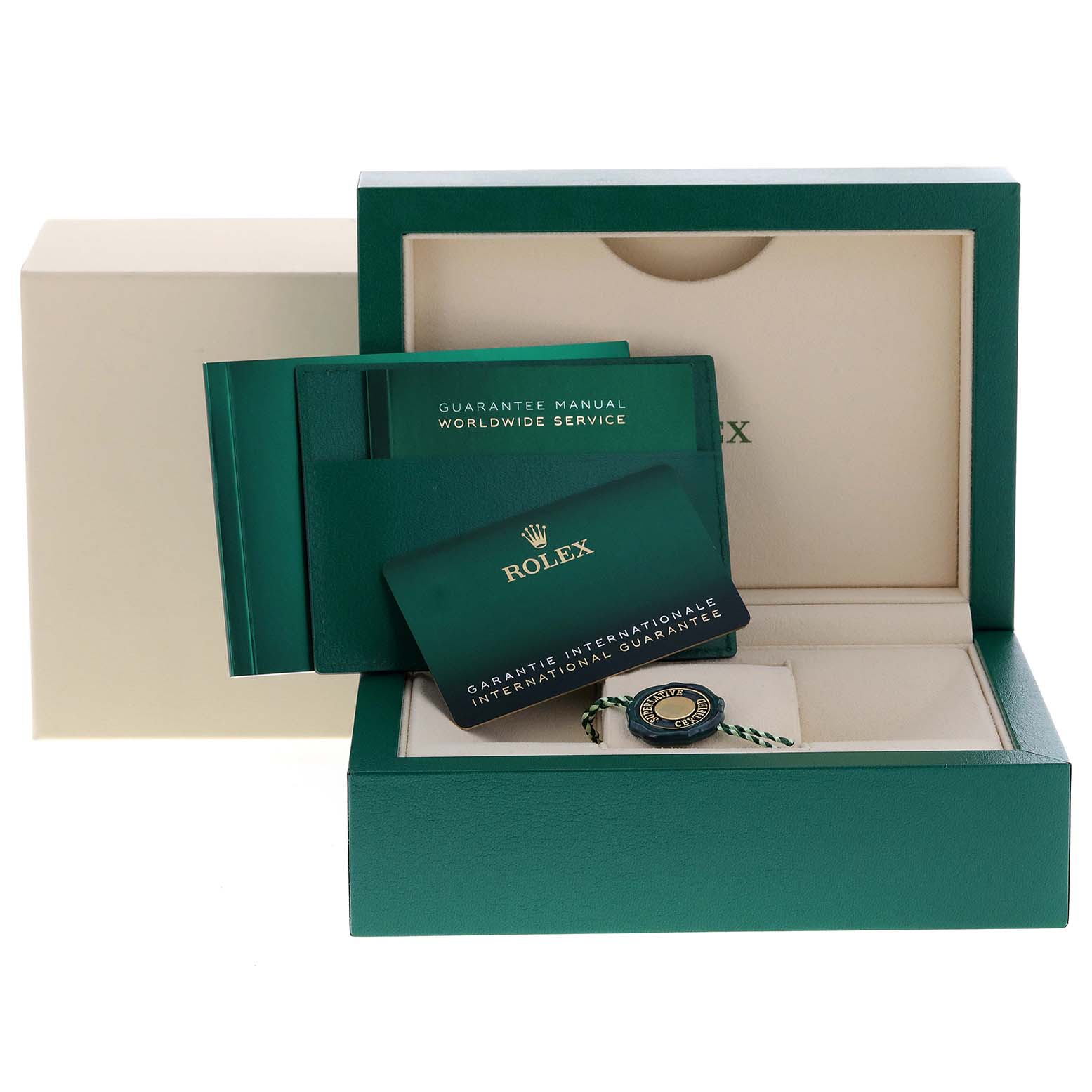 The image shows the packaging, guarantee manual, international guarantee card, and tag for a Rolex Submariner 126613 Men's Steel and Gold (two tone) Black Dial 126613 Men's Steel and Gold (two tone) Black Dial, viewed from the front.