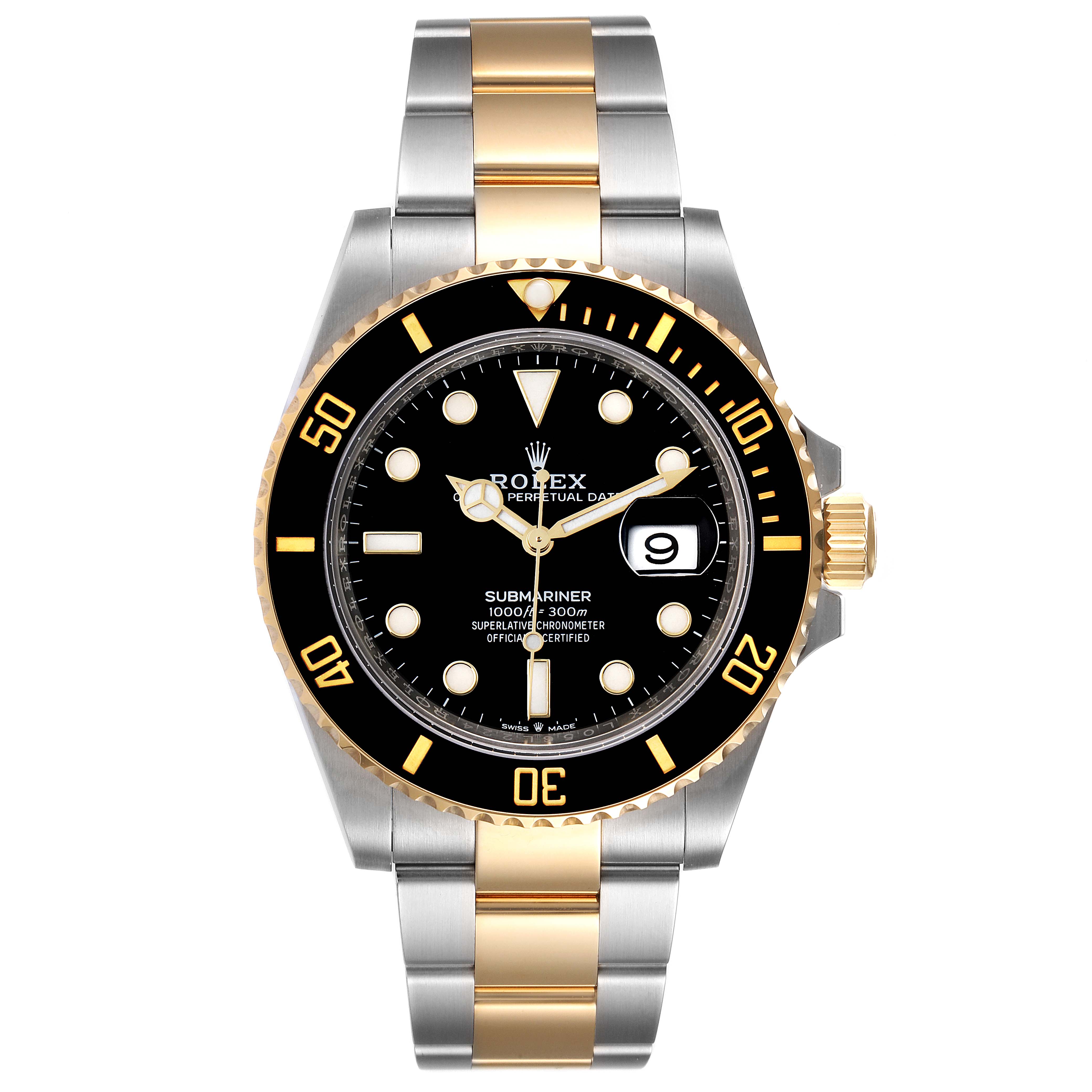 The image shows a front view of a Rolex Submariner 126613 Men's Steel and Gold (two tone) Black Dial 126613 Men's Steel and Gold (two tone) Black Dial watch, highlighting the dial, bezel, and bracelet.