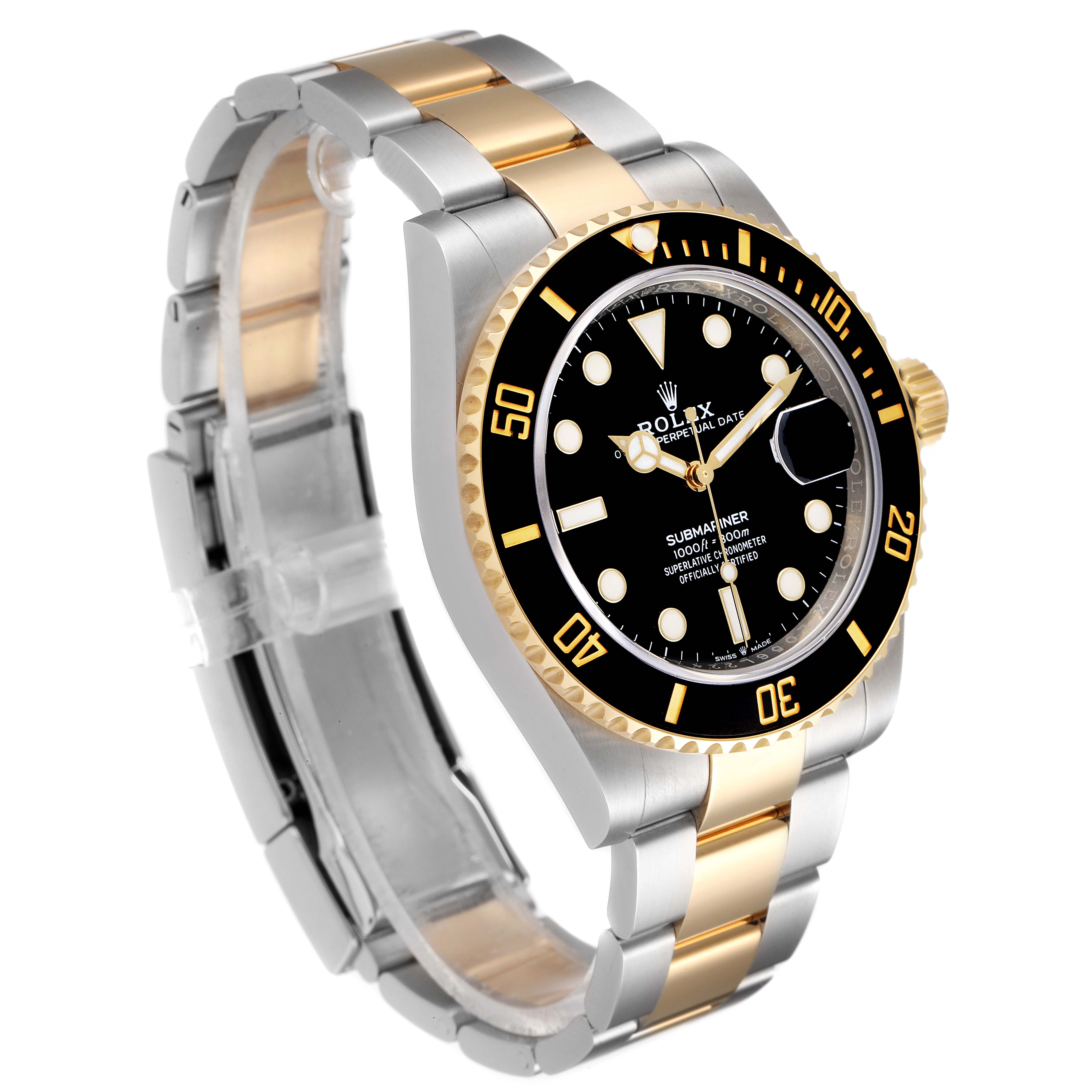 The Rolex Submariner 126613 Men's Steel and Gold (two tone) Black Dial 126613 Men's Steel and Gold (two tone) Black Dial watch is shown at a three-quarter angle, displaying its face, bezel, and two-tone bracelet.