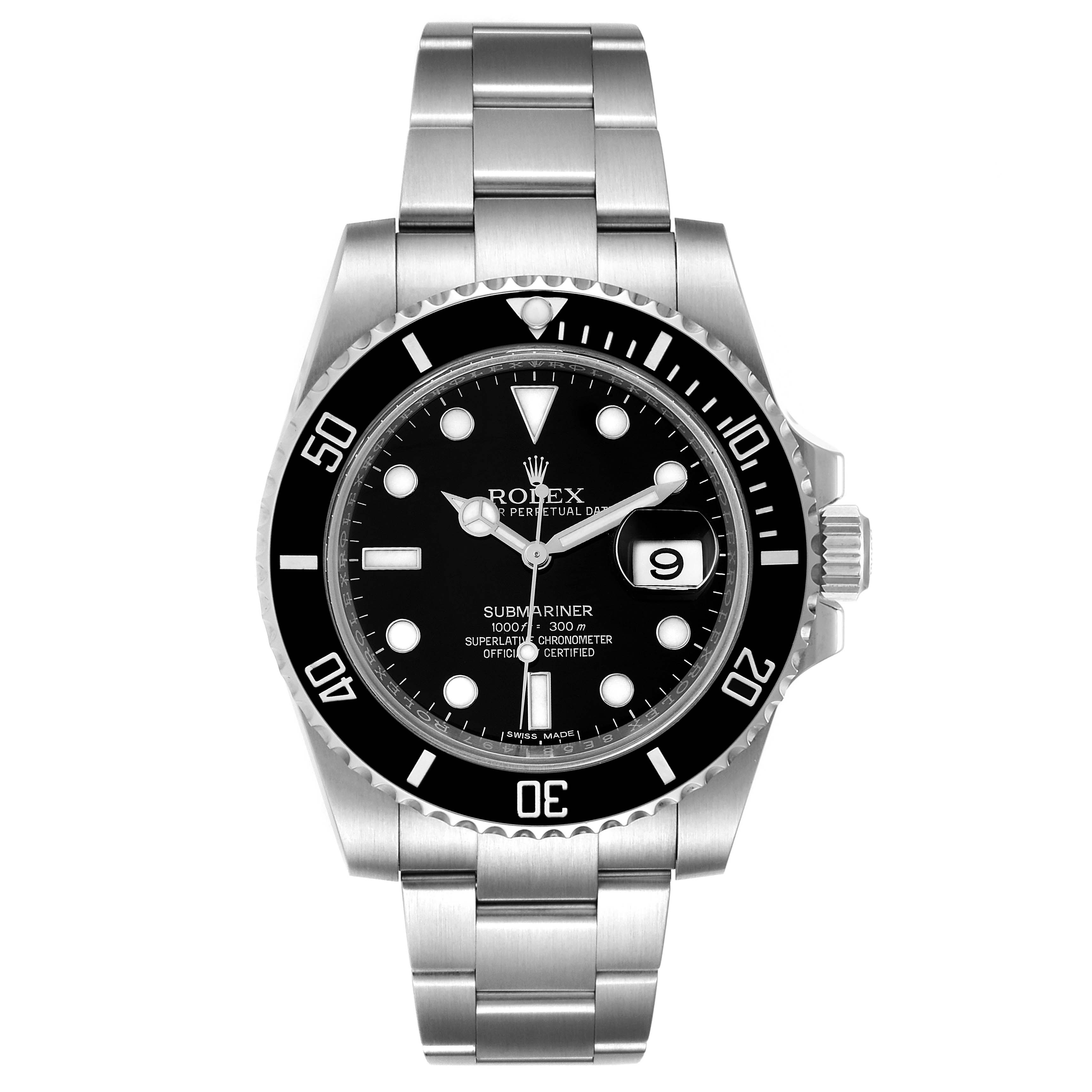 This image shows the front view of a Rolex Submariner 116610 Men
s Stainless Steel Black Dial 116610 Men
s Stainless Steel Black Dial watch, highlighting its dial, bezel, and bracelet.