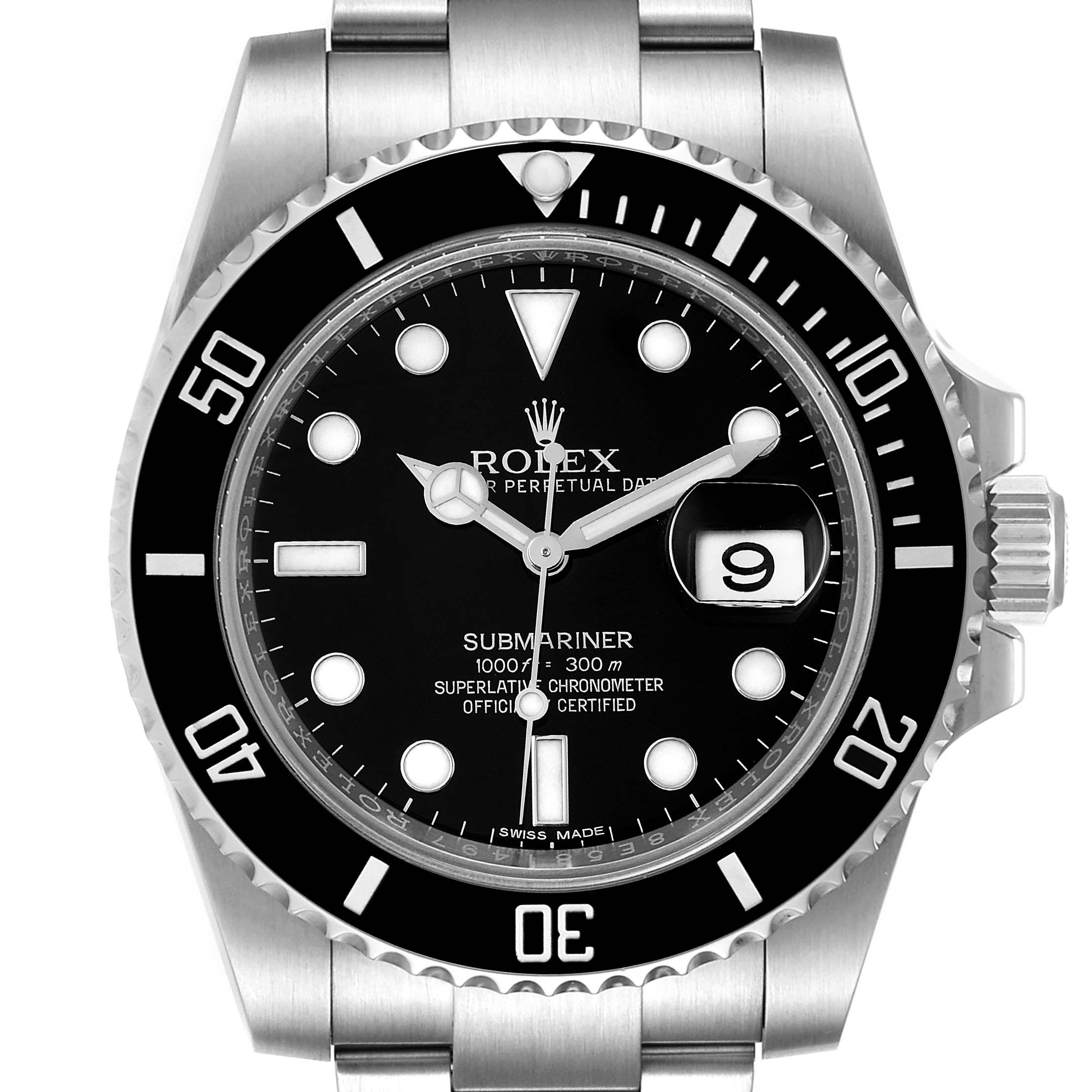 This image shows a frontal view of the Rolex Submariner 116610 Men
s Stainless Steel Black Dial 116610 Men
s Stainless Steel Black Dial watch, displaying its dial, bezel, and part of its bracelet.